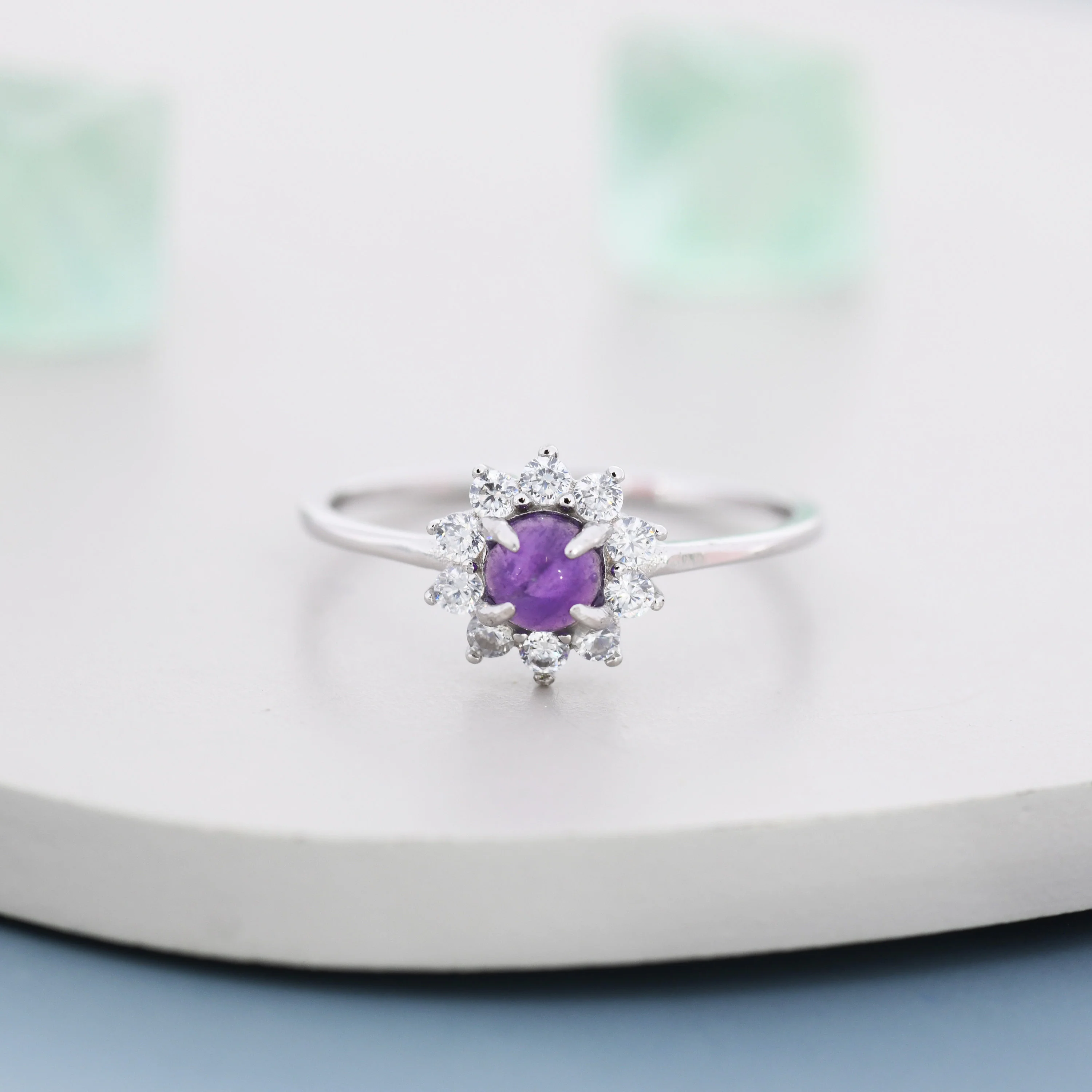 Genuine Amethyst Crystal Halo Ring in Sterling Silver, US 5 - 8, Natural Purple Amethyst Gemstone Ring, Crystal Flower Ring - Image 2