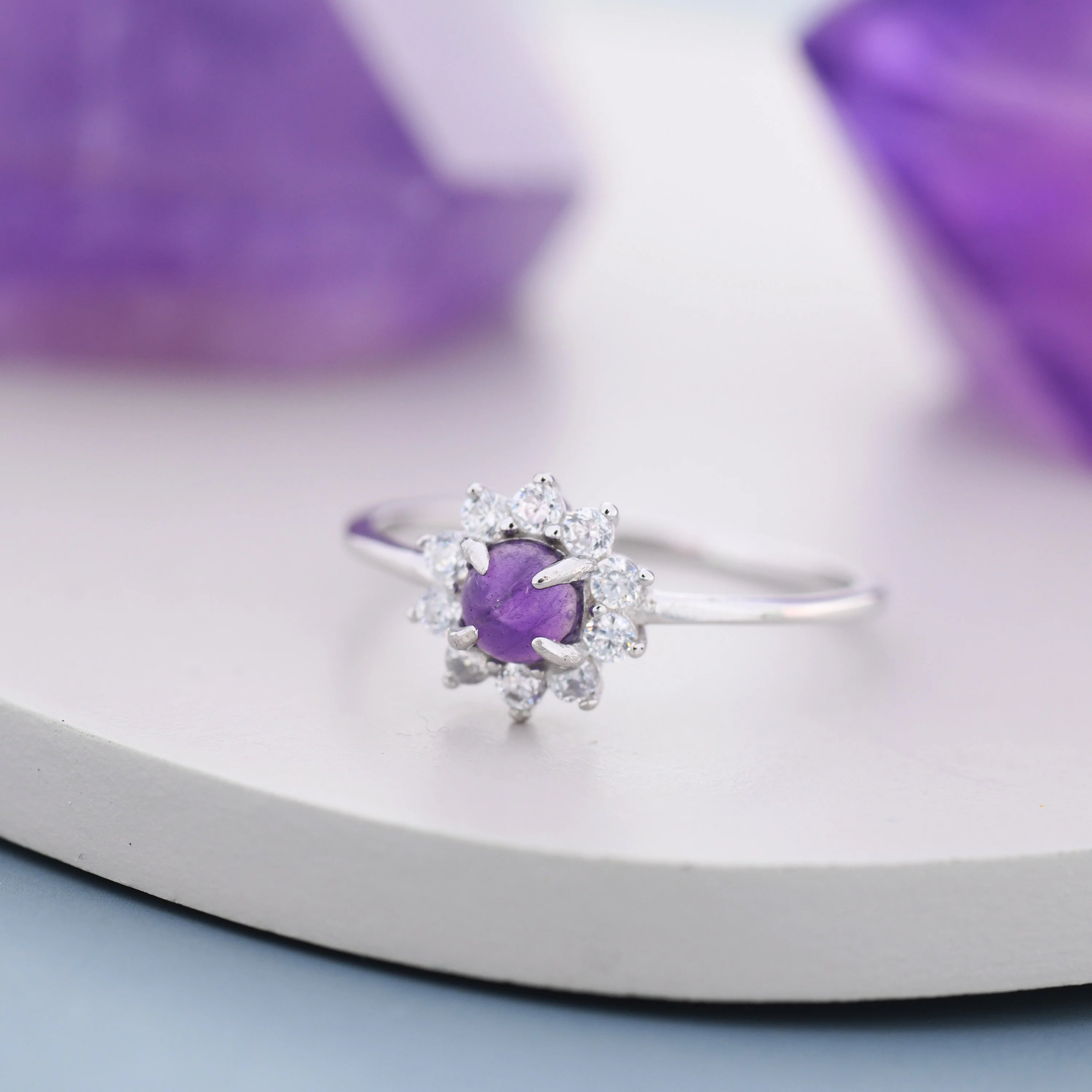 Genuine Amethyst Crystal Halo Ring in Sterling Silver, US 5 - 8, Natural Purple Amethyst Gemstone Ring, Crystal Flower Ring - Image 3