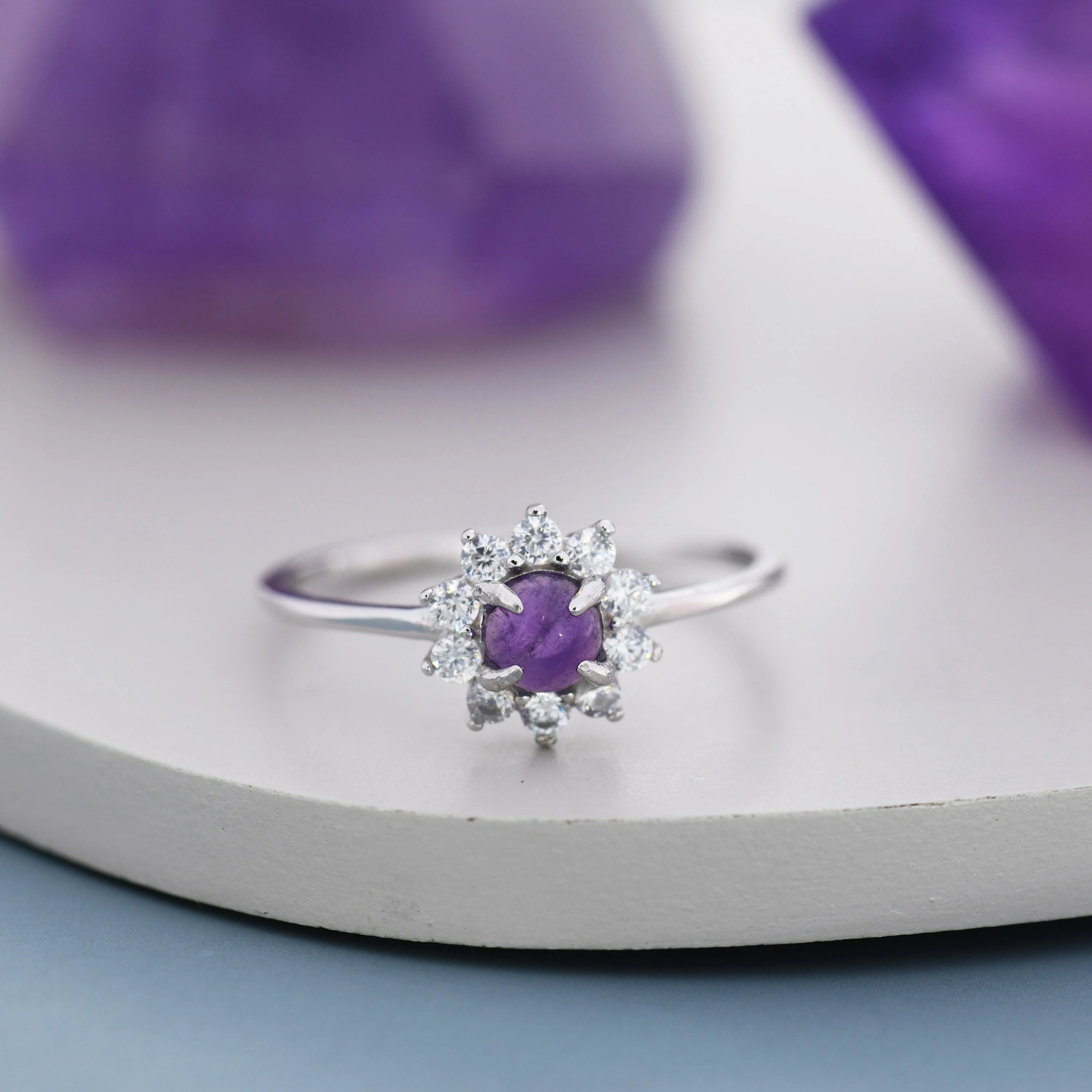 Genuine Amethyst Crystal Halo Ring in Sterling Silver, US 5 - 8, Natural Purple Amethyst Gemstone Ring, Crystal Flower Ring - Image 4