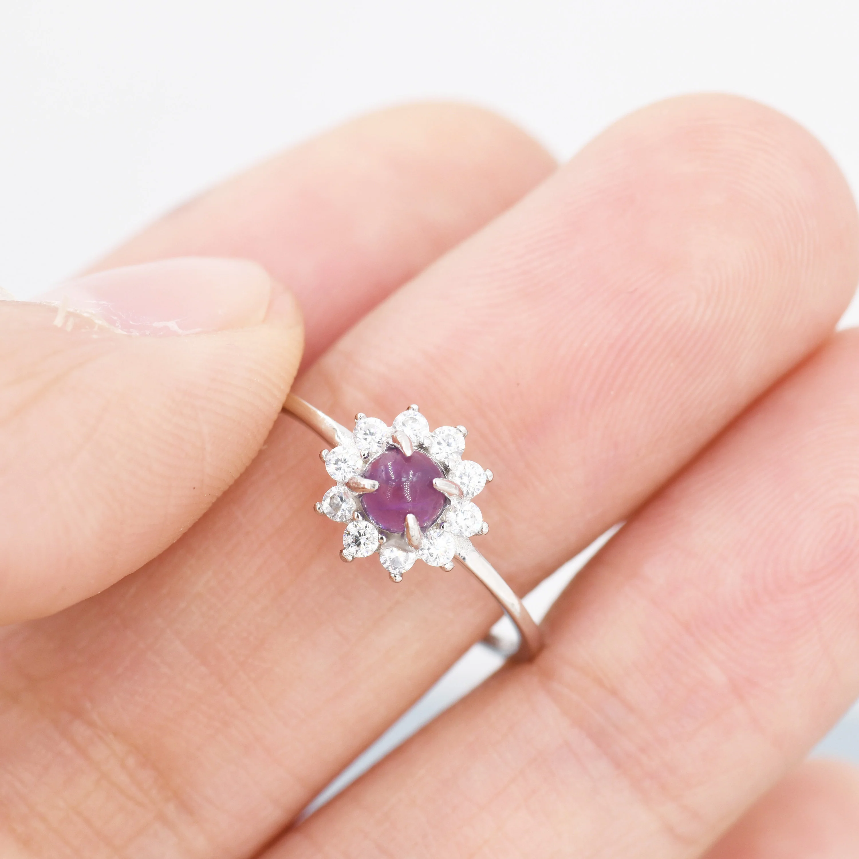 Genuine Amethyst Crystal Halo Ring in Sterling Silver, US 5 - 8, Natural Purple Amethyst Gemstone Ring, Crystal Flower Ring - Image 5