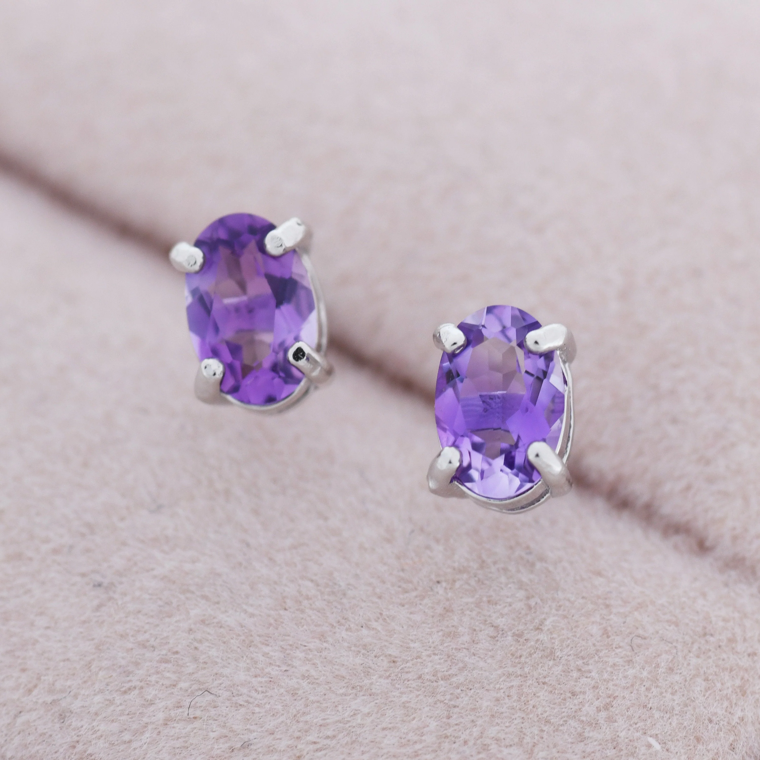 Genuine Amethyst Crystal Stud Earrings in Sterling Silver, Natural Purple Amethyst Oval Stud Earrings, February Birthstone - Image 6