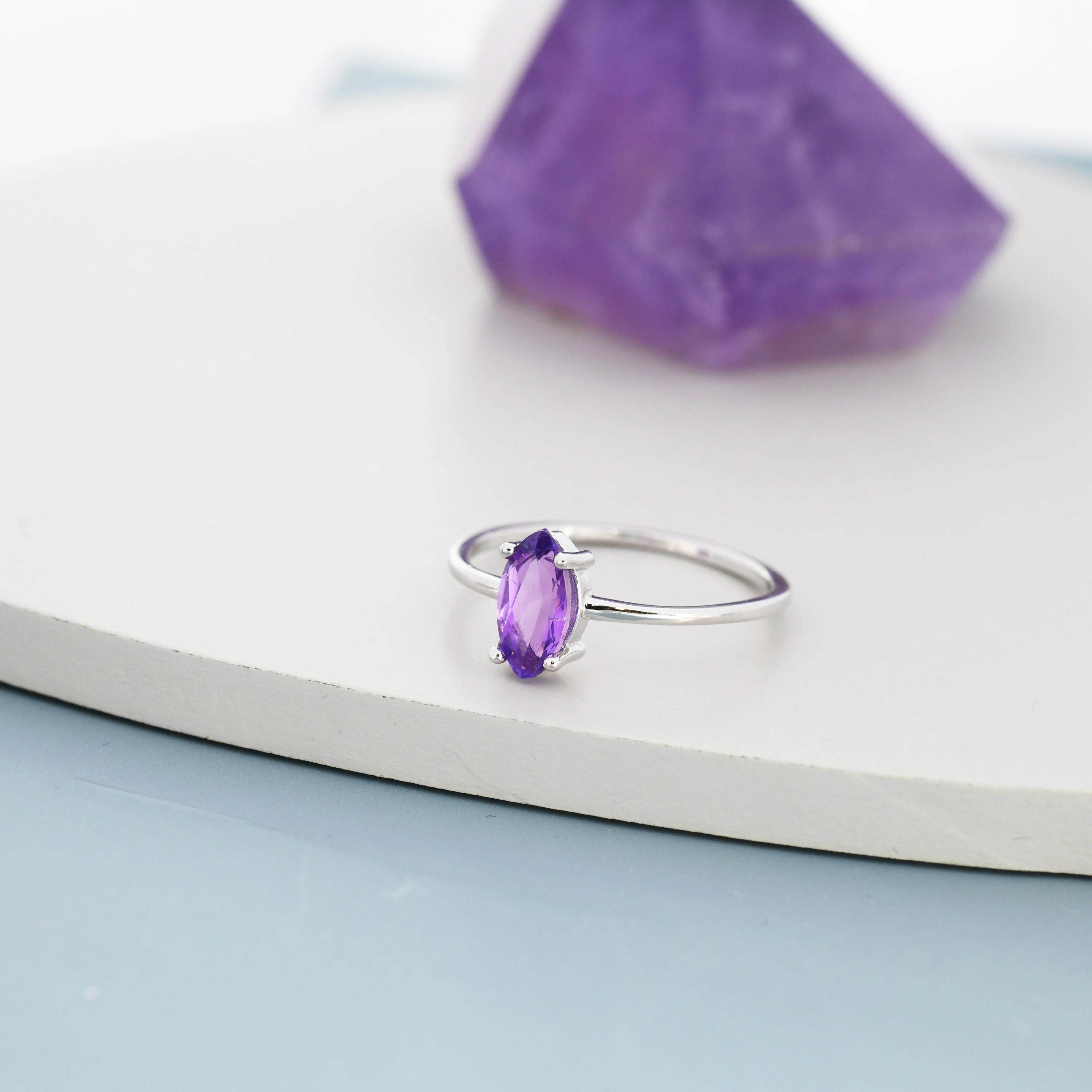 Genuine Amethyst Ring in Sterling Silver, Natural Marquise Cut Amethyst Stone Ring, Stacking Rings, US 5-8 - Image 6