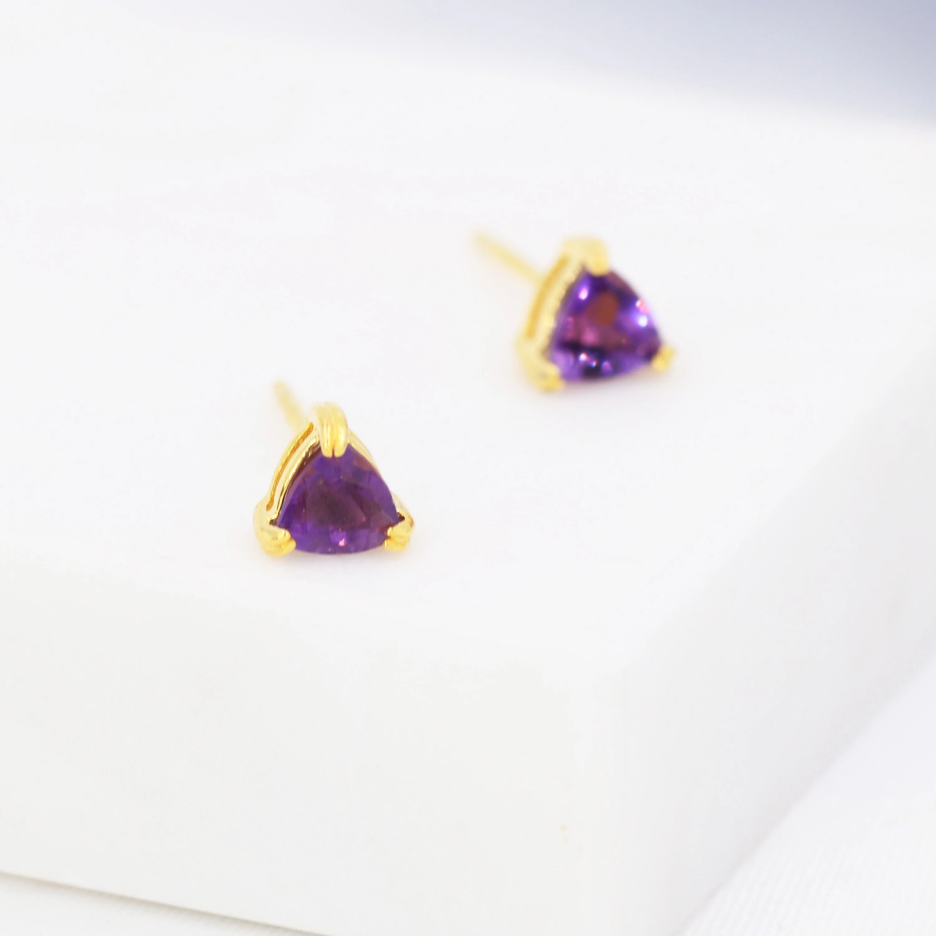 Genuine Amethyst Stud Earrings in Sterling Silver, Silver or Gold, Trillion Cut Purple Amethyst Earrings, Double Pronged - Image 5