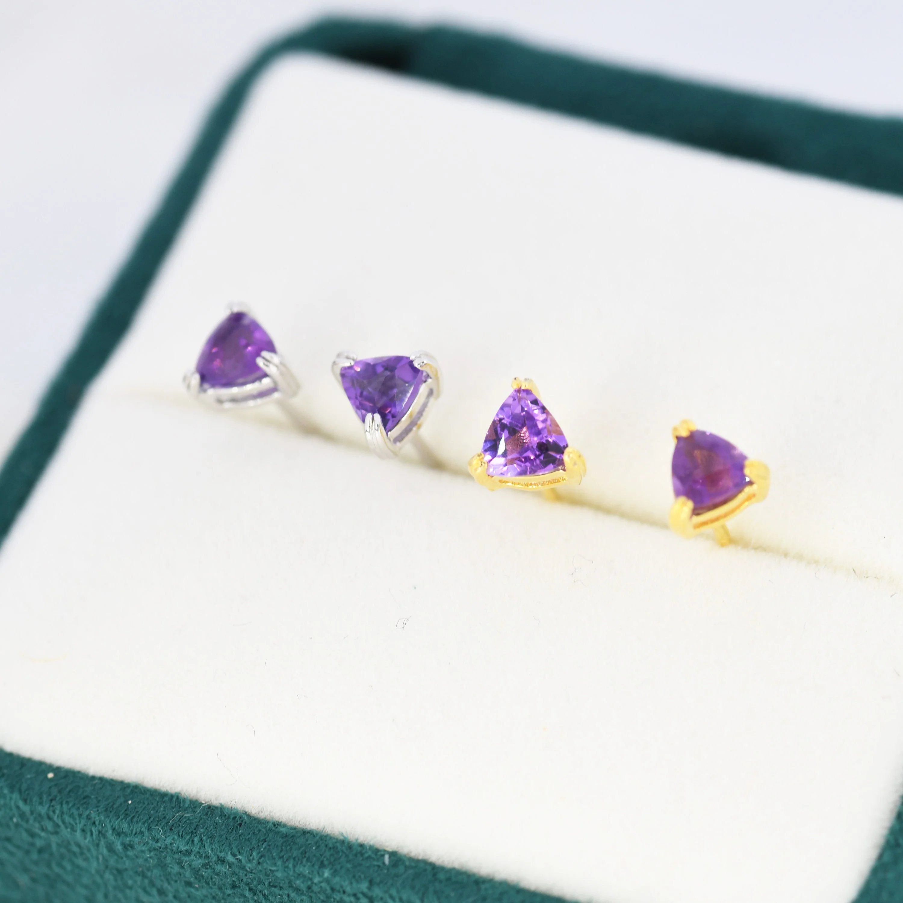 Genuine Amethyst Stud Earrings in Sterling Silver, Silver or Gold, Trillion Cut Purple Amethyst Earrings, Double Pronged - Image 6