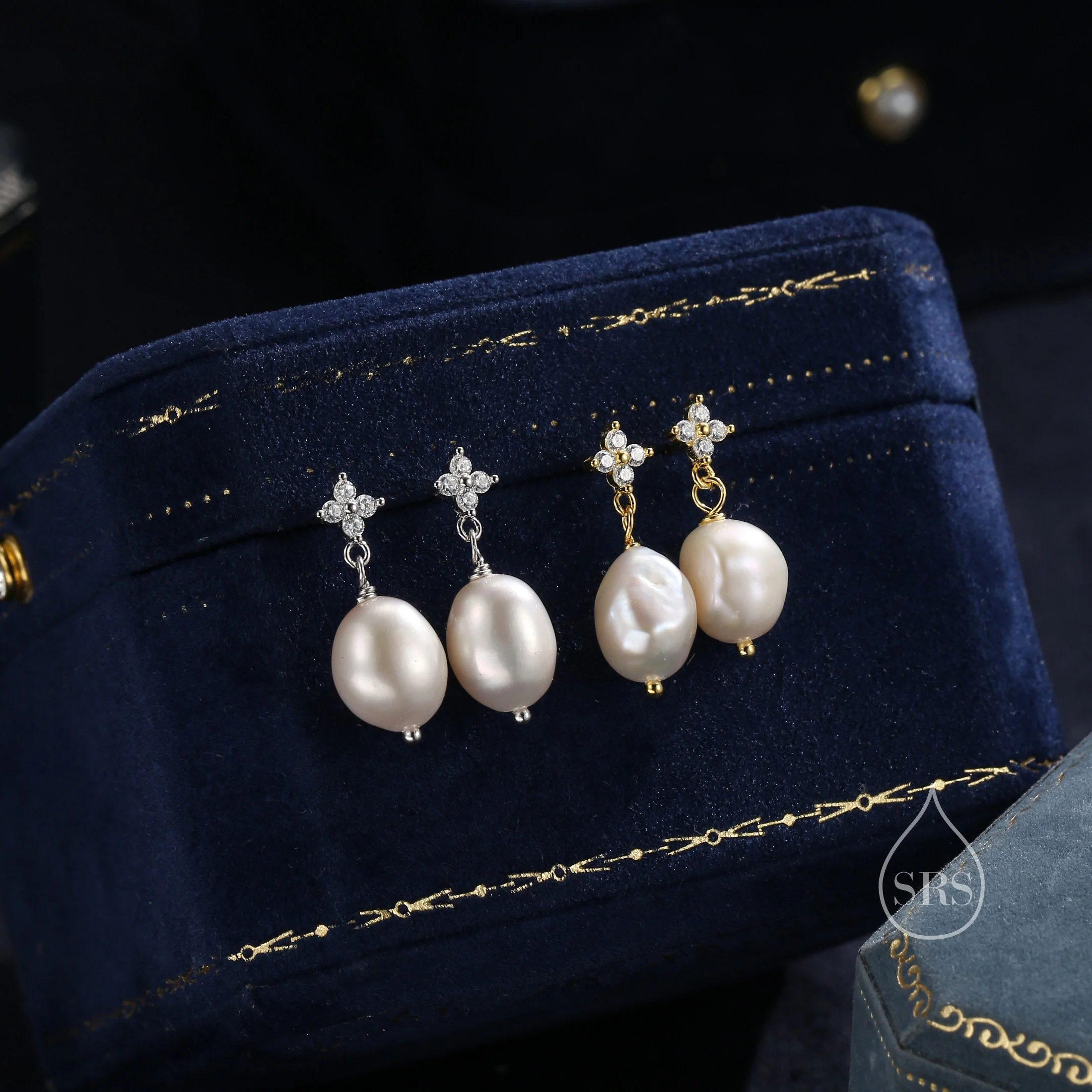 Genuine Baroque Pearl and Hydrangea Flower CZ Drop Earrings in Sterling Silver, Silver or Gold, Delicate Keshi Pearl Earrings, Genuine Pearl - Image 6