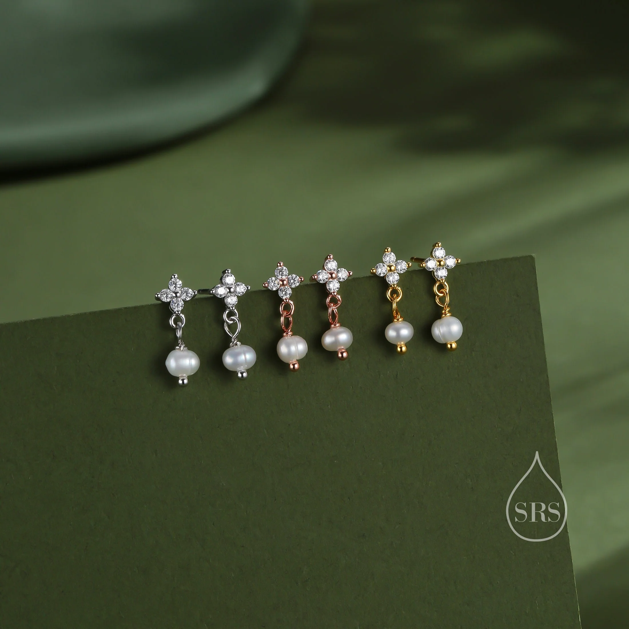 Genuine Baroque Pearl and Hydrangea Flower CZ Drop Earrings in Sterling Silver, Silver or Gold or Rose Gold, Delicate Keshi Pearl Earrings - Image 5