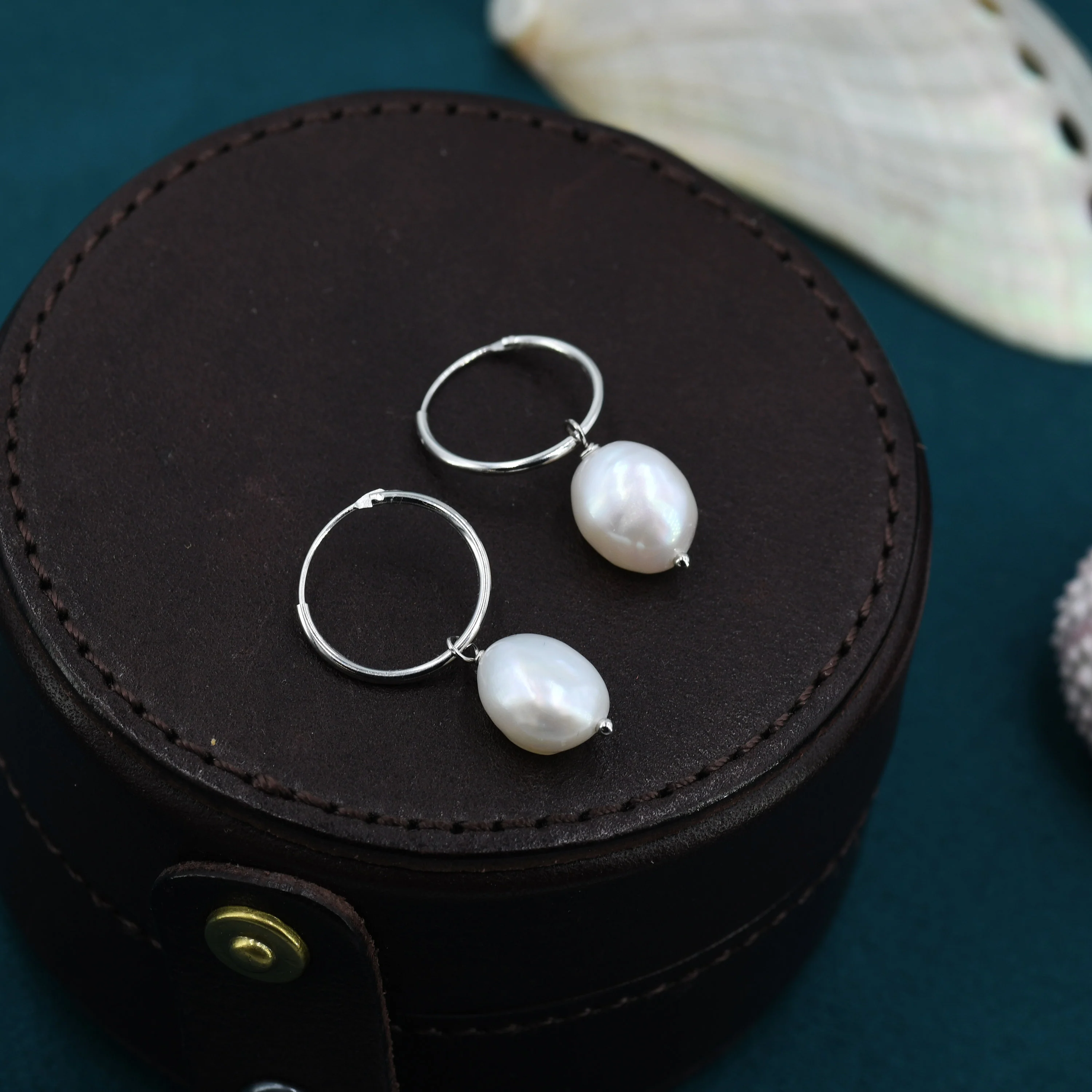 Genuine Baroque Pearl CZ Crystal Large Huggie Hoop Earrings in Sterling Silver, Gold or Silver, Hoop Earrings R99