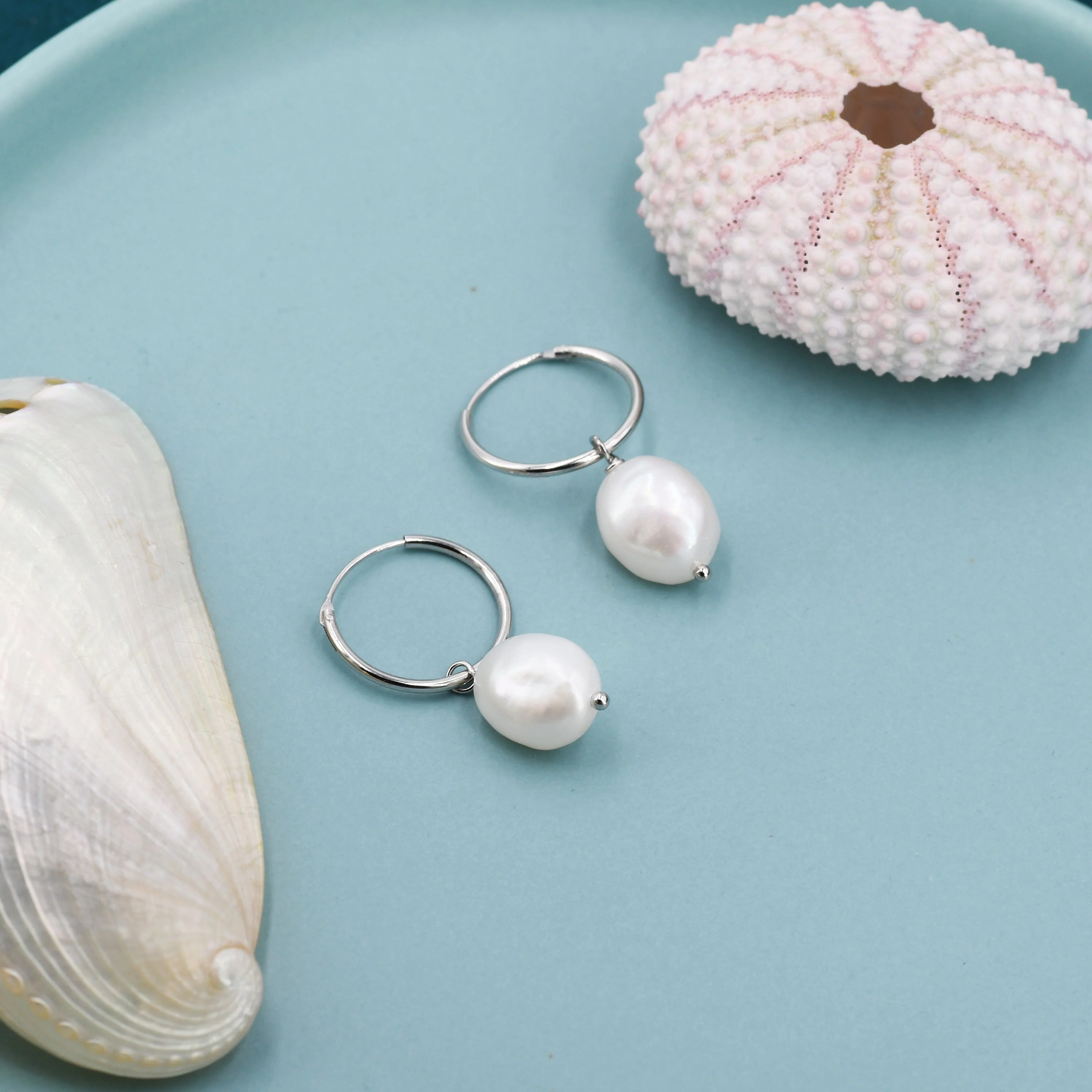 Genuine Baroque Pearl CZ Crystal Large Huggie Hoop Earrings in Sterling Silver, Gold or Silver, Hoop Earrings R99 - Image 7