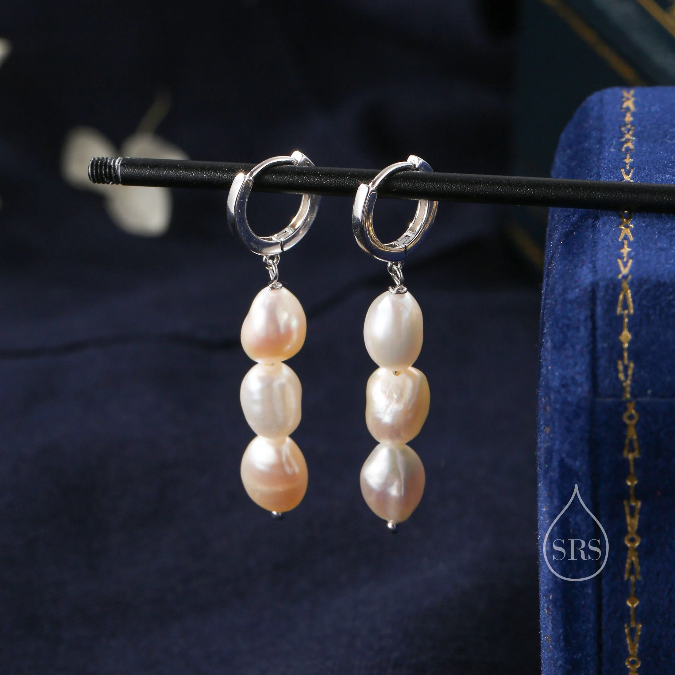 Genuine Baroque Pearl Trio Huggie Hoop Earrings in Sterling Silver, Silver or Gold, Freshwater Pearl Cluster Dangle Earrings, Three Pearls - Image 4