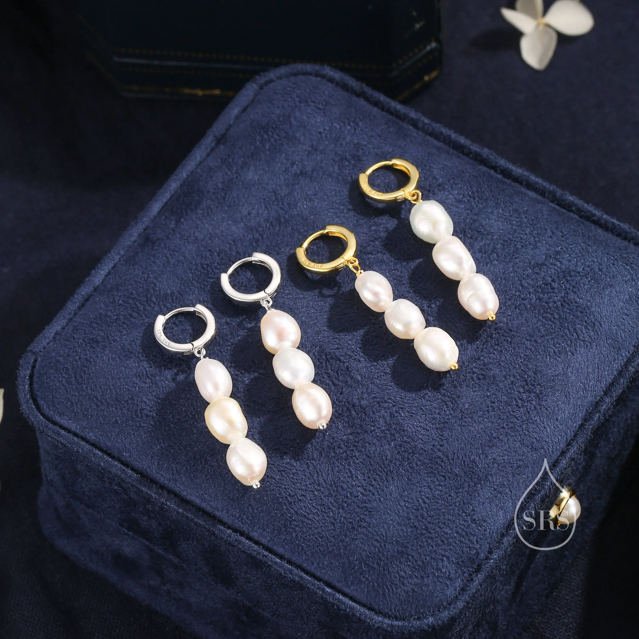 Genuine Baroque Pearl Trio Huggie Hoop Earrings in Sterling Silver, Silver or Gold, Freshwater Pearl Cluster Dangle Earrings, Three Pearls - Image 6