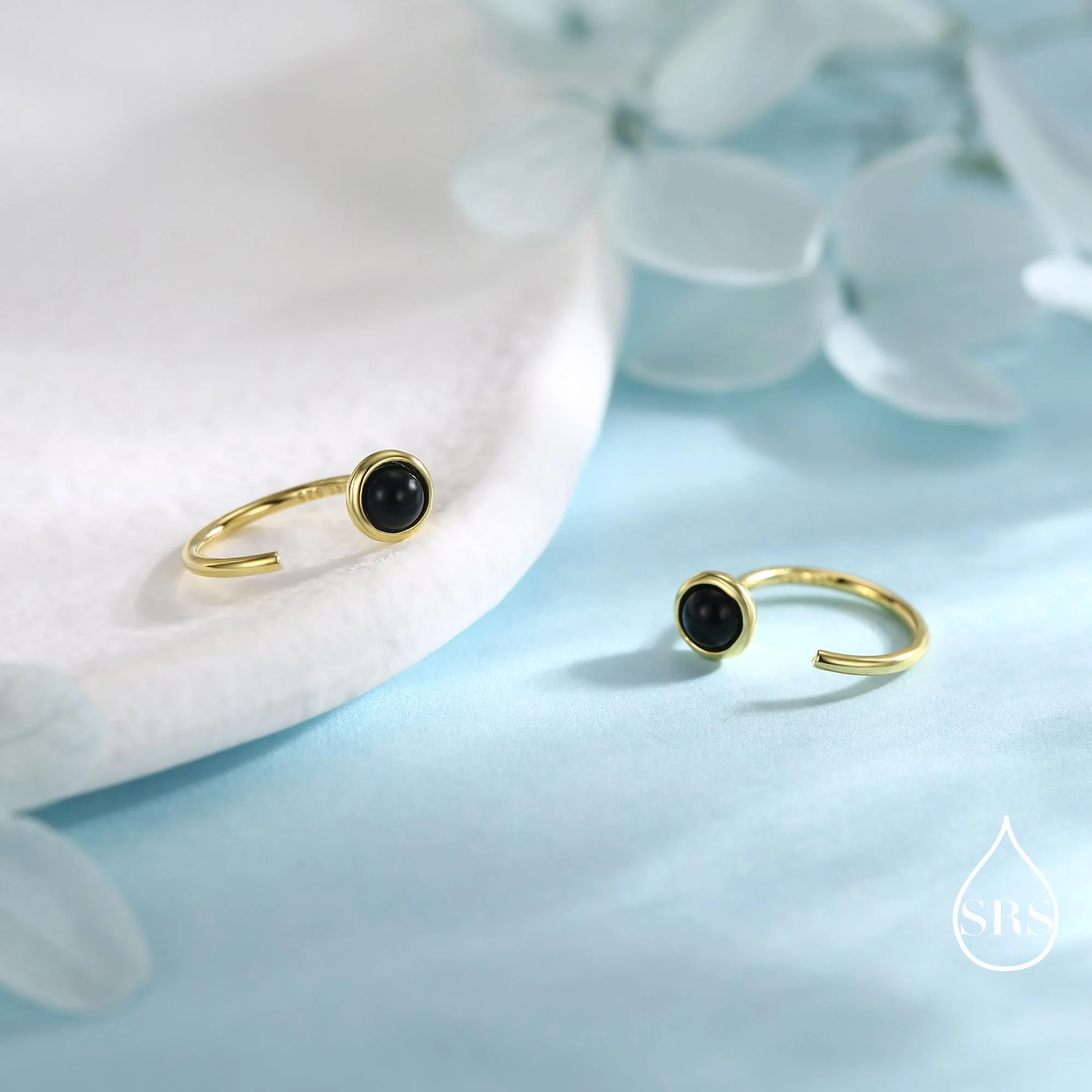 Genuine Black Onyx Huggie Hoop Earrings in Sterling Silver, 3mm Natural Black Onyx Open Hoops, Pull Through Threaders, Half Hoops, C Shape - Image 7