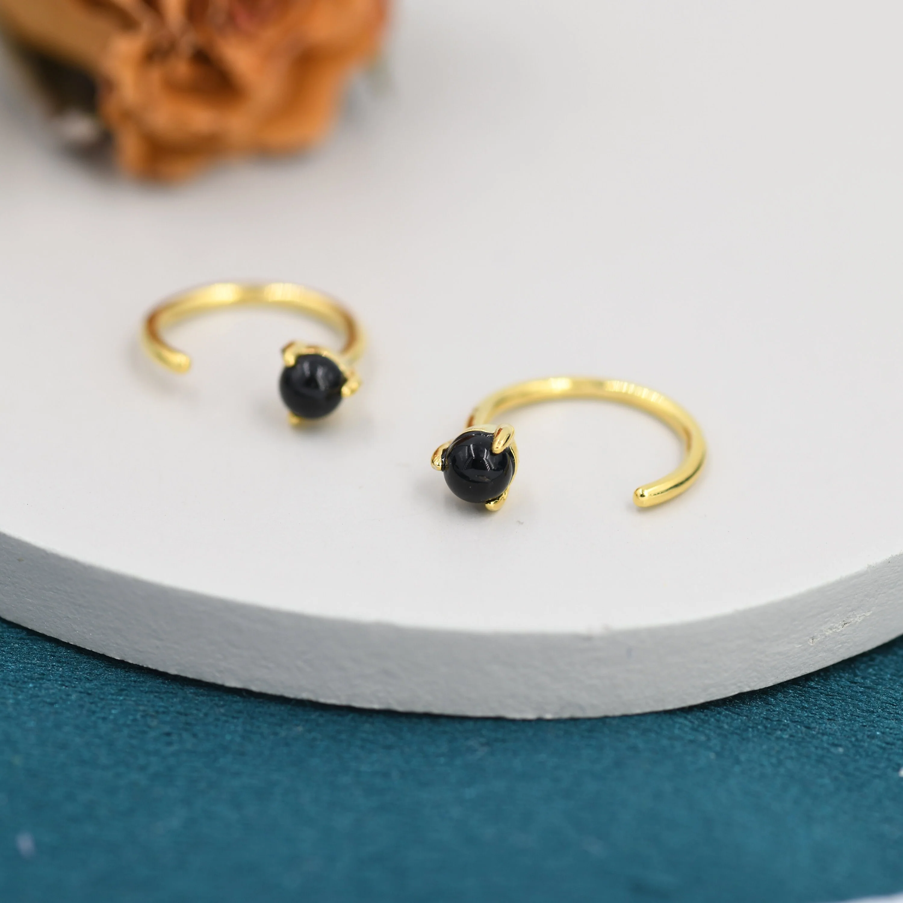 Genuine Black Onyx Huggie Hoop Earrings in Sterling Silver, 3mm Natural Black Onyx Open Hoops, Pull Through Threaders, Half Hoops, C Shape - Image 6