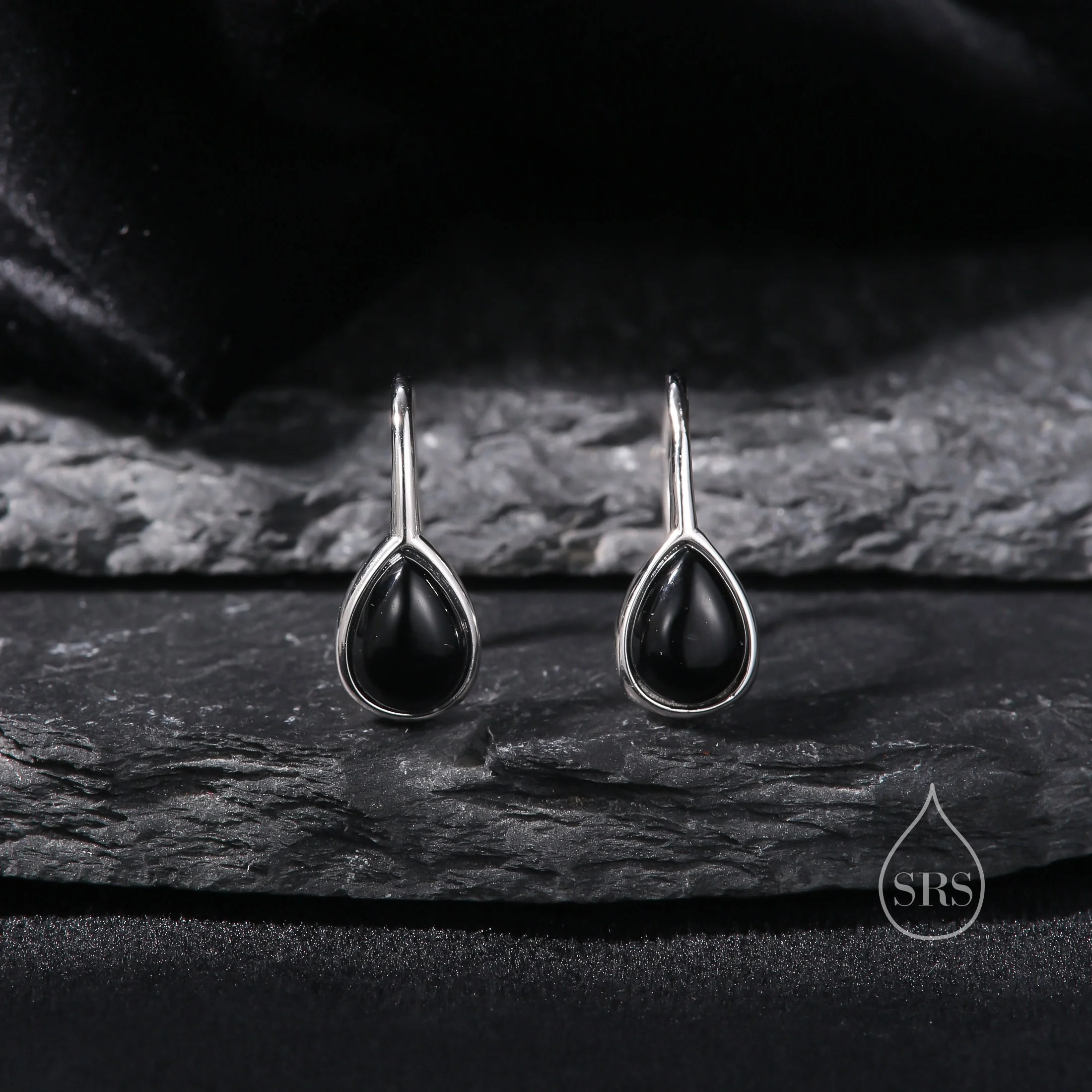 Genuine Black Onyx Pear Cut Drop Hook Earrings in Sterling Silver, Delicate Natural Black Onyx Earrings, Pear Droplet Black Onyx Earrings - Image 3