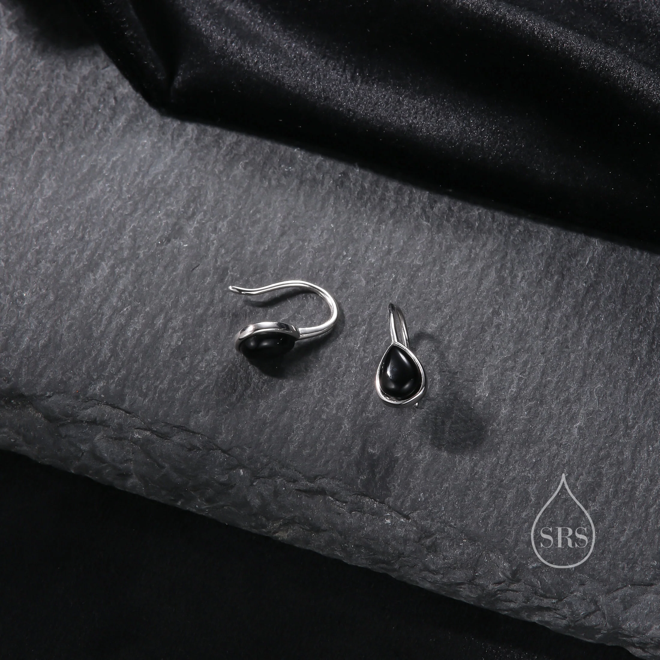 Genuine Black Onyx Pear Cut Drop Hook Earrings in Sterling Silver, Delicate Natural Black Onyx Earrings, Pear Droplet Black Onyx Earrings - Image 5