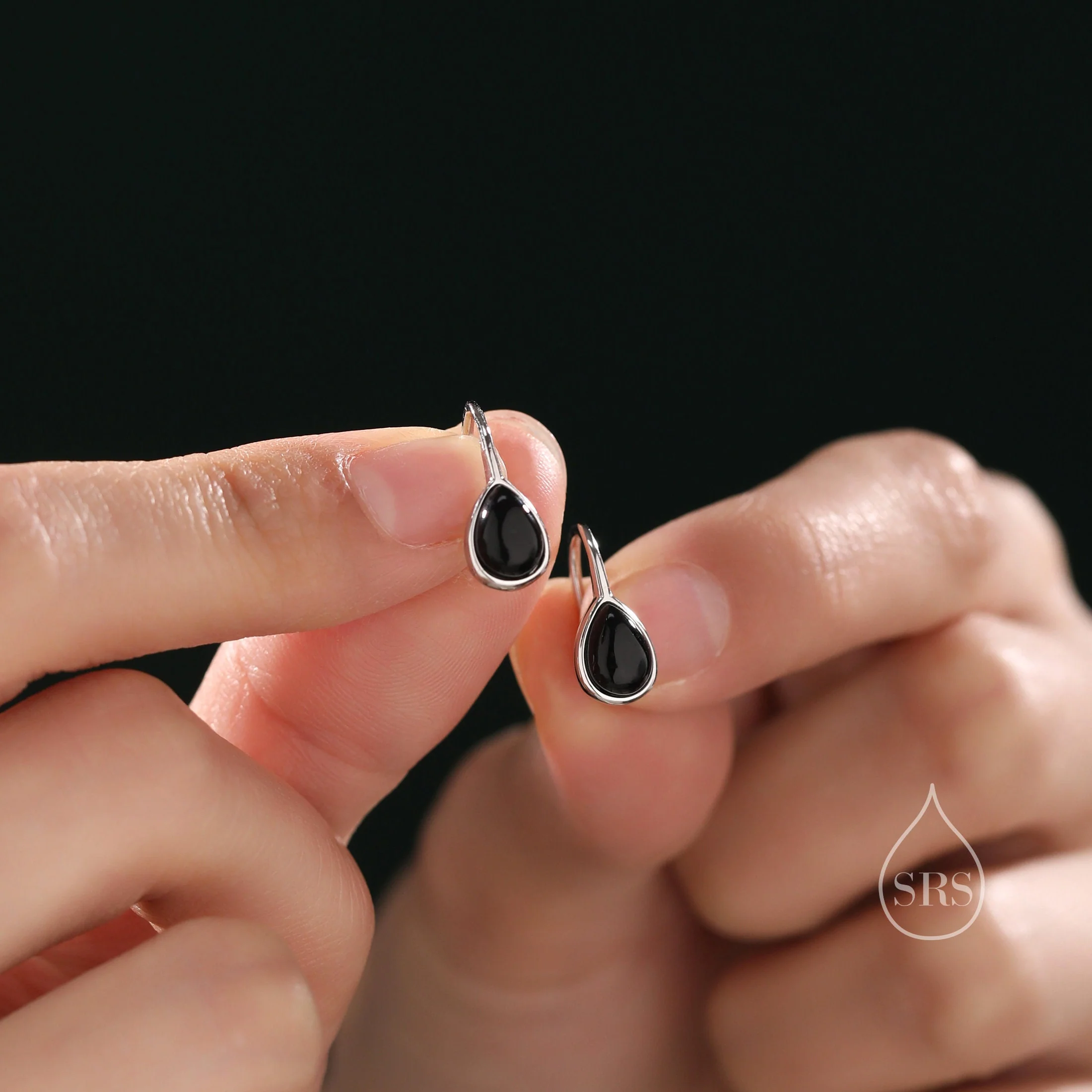 Genuine Black Onyx Pear Cut Drop Hook Earrings in Sterling Silver, Delicate Natural Black Onyx Earrings, Pear Droplet Black Onyx Earrings - Image 6
