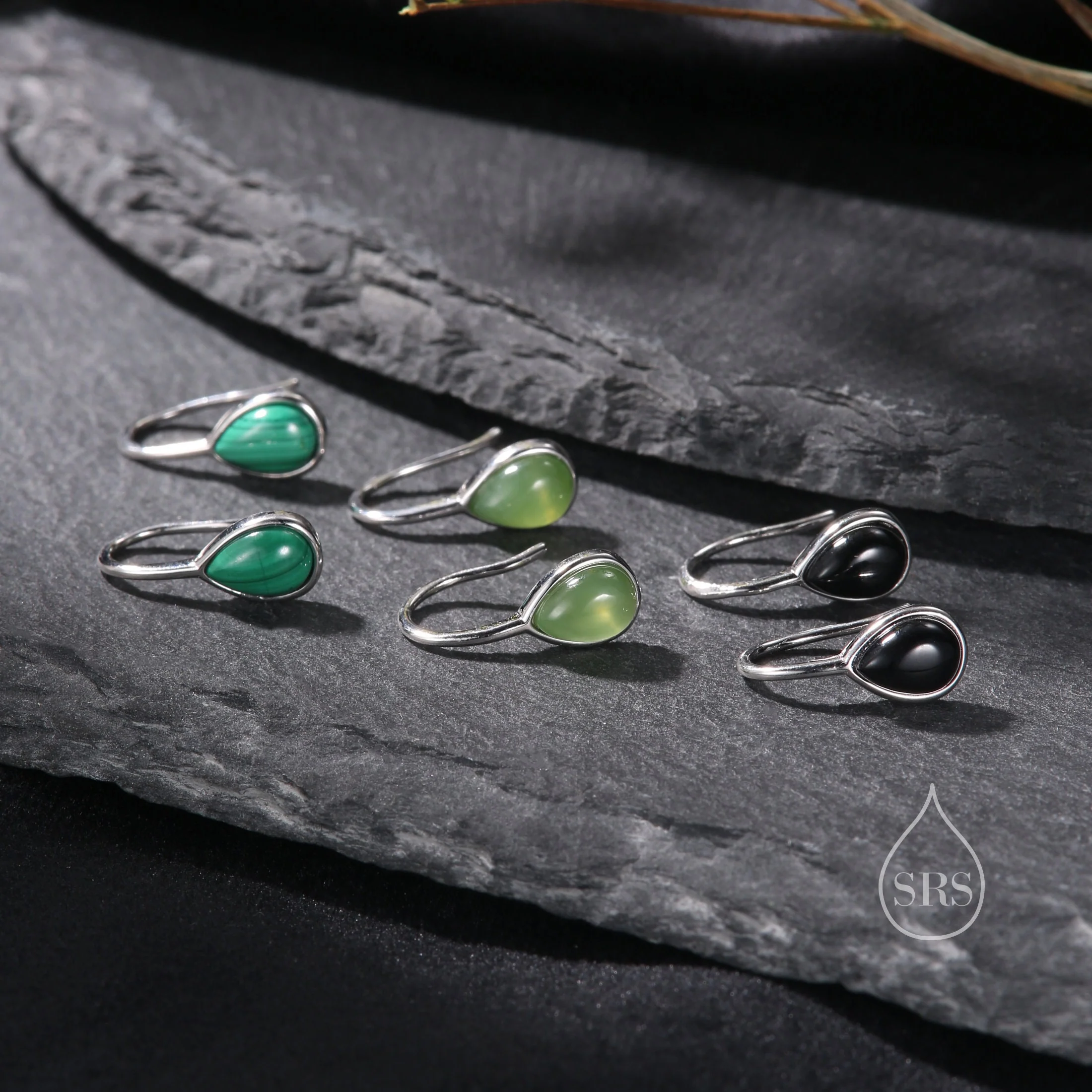 Genuine Black Onyx Pear Cut Drop Hook Earrings in Sterling Silver, Delicate Natural Black Onyx Earrings, Pear Droplet Black Onyx Earrings - Image 8