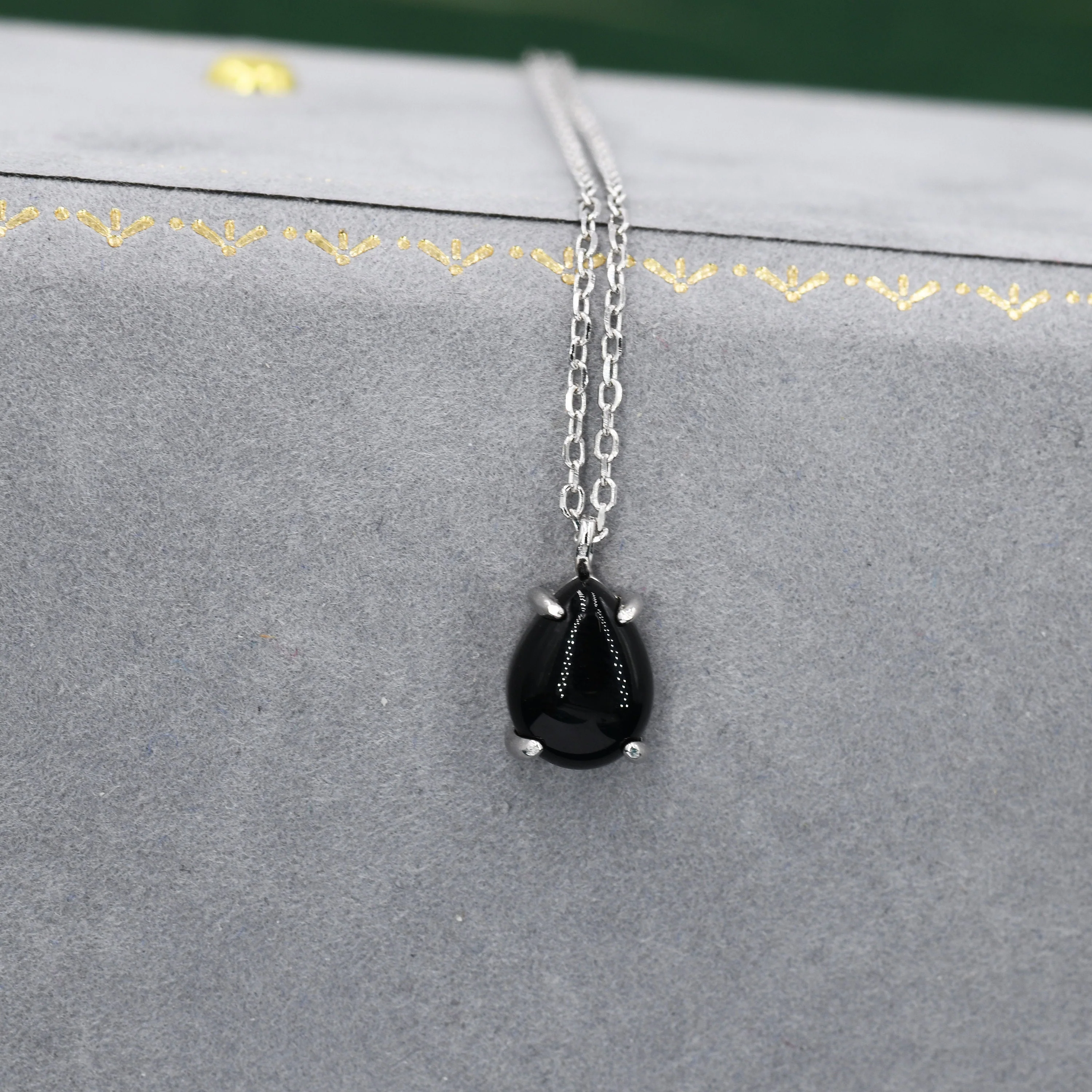Genuine Black Onyx Pear Necklace in Sterling Silver, Droplet Cabochon Natural Black Onyx Necklace - Image 3