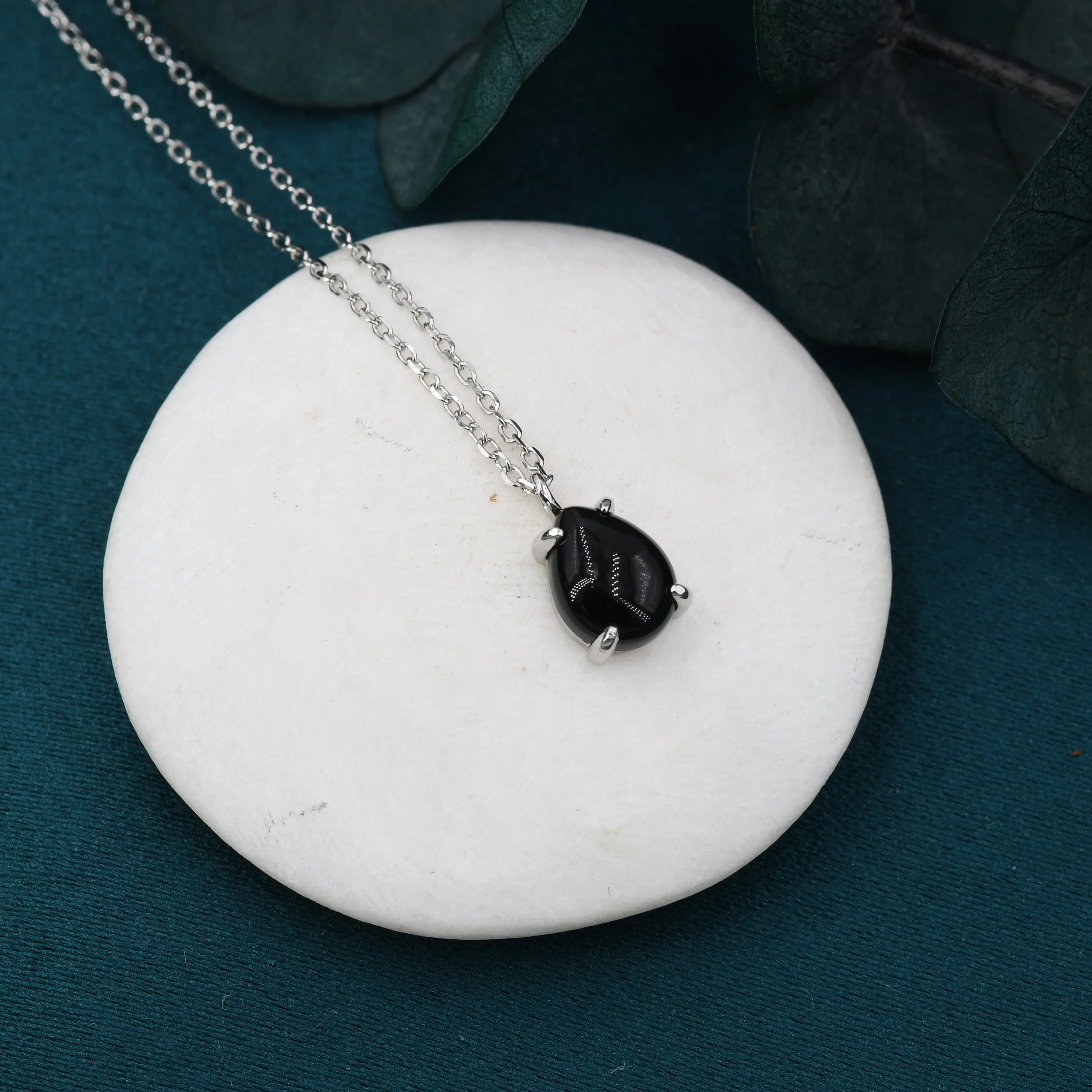 Genuine Black Onyx Pear Necklace in Sterling Silver, Droplet Cabochon Natural Black Onyx Necklace - Image 4