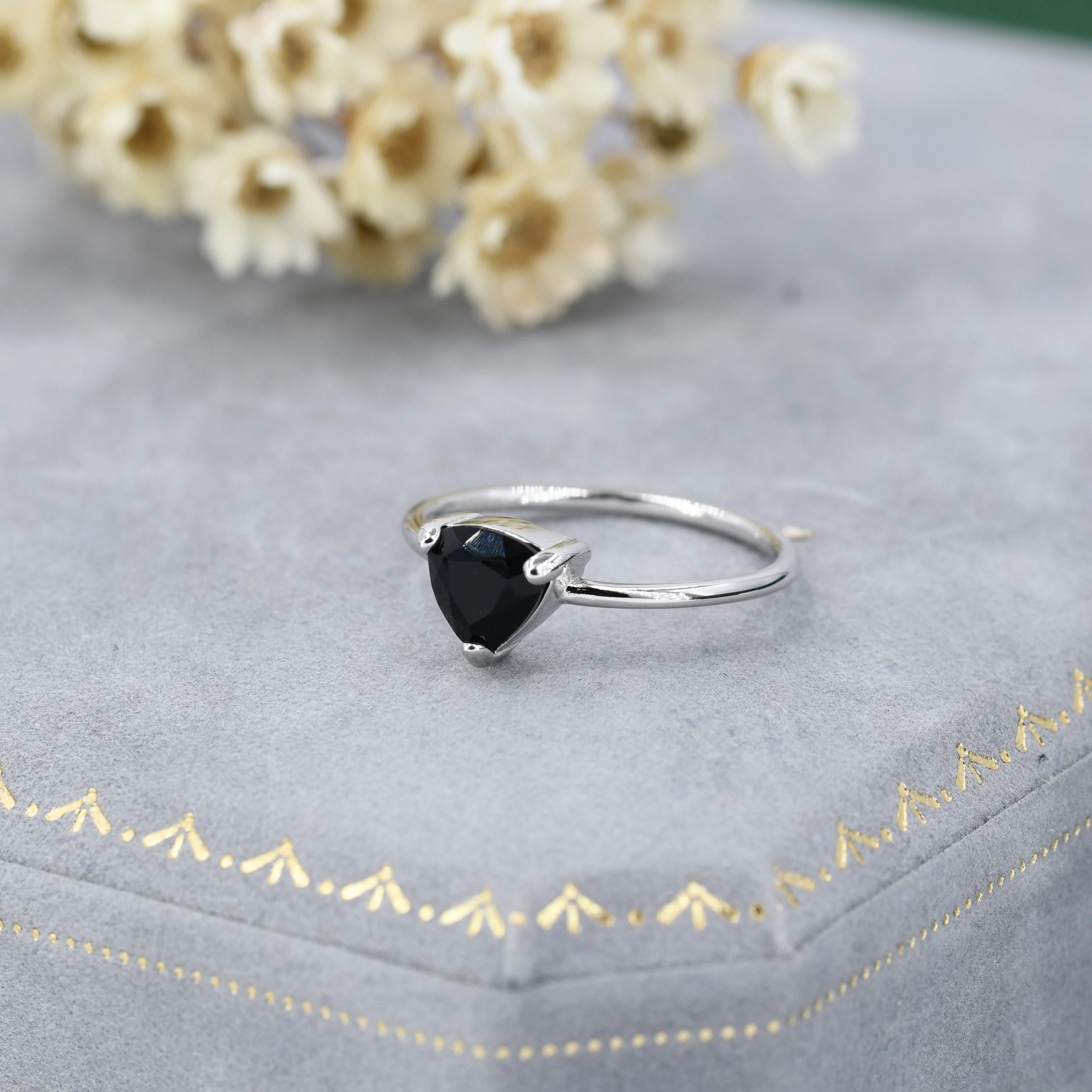 Genuine Black Onyx Ring in Sterling Silver, Natural Trillion Cut Onyx Ring, Stacking Rings, US 5-8 - Image 2