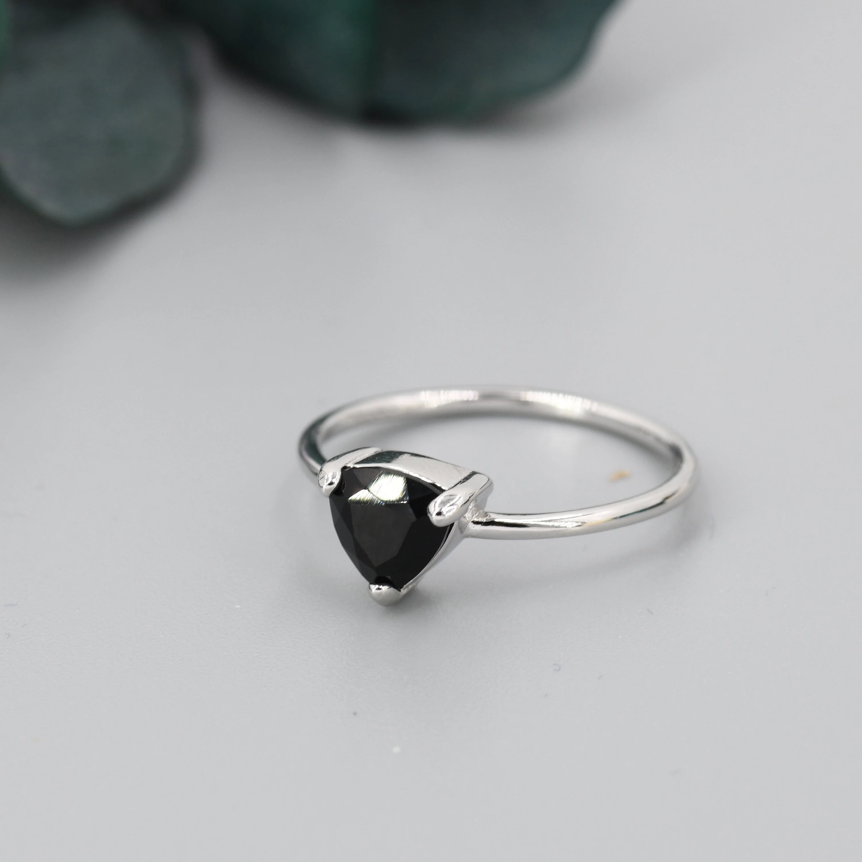 Genuine Black Onyx Ring in Sterling Silver, Natural Trillion Cut Onyx Ring, Stacking Rings, US 5-8 - Image 3