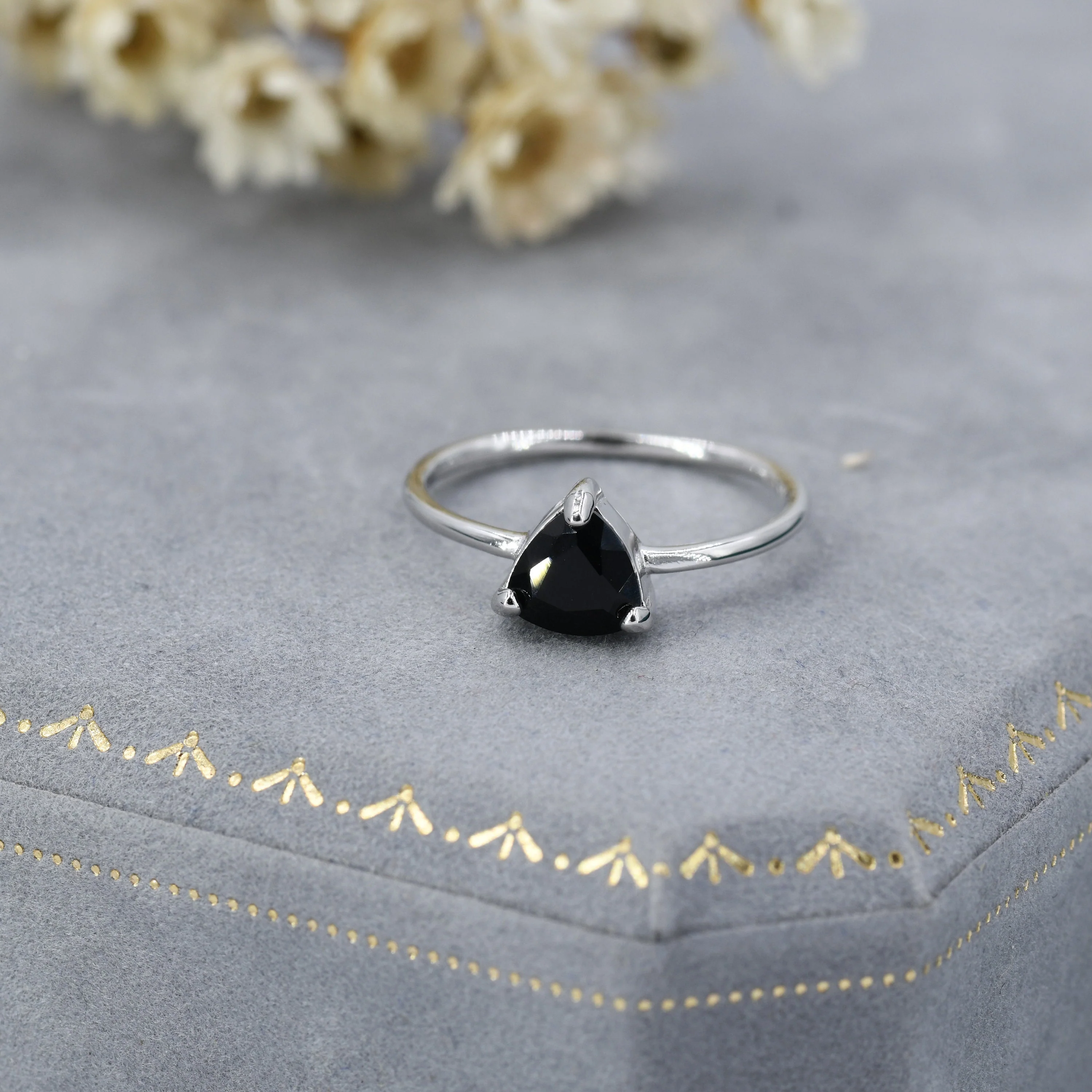 Genuine Black Onyx Ring in Sterling Silver, Natural Trillion Cut Onyx Ring, Stacking Rings, US 5-8 - Image 4