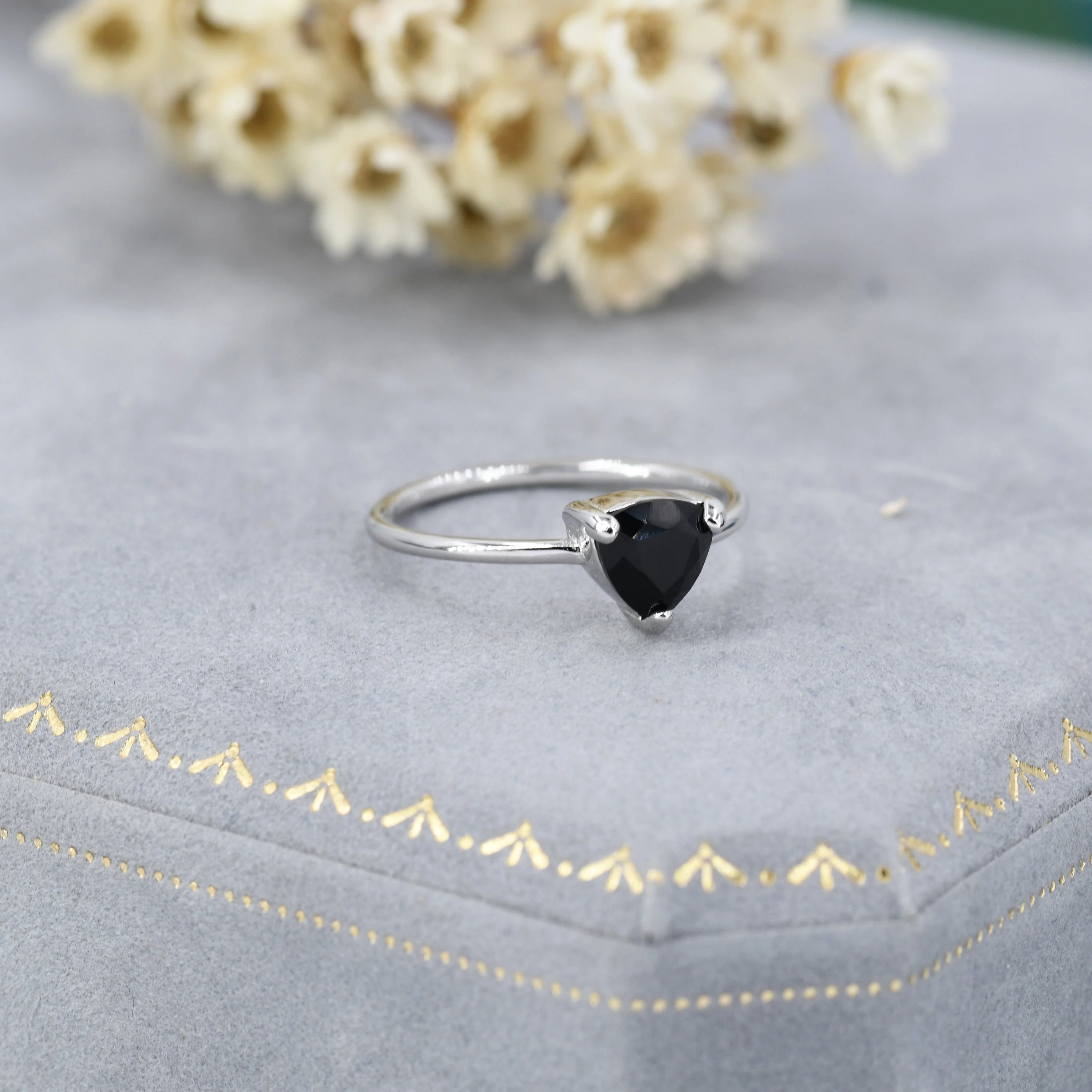 Genuine Black Onyx Ring in Sterling Silver, Natural Trillion Cut Onyx Ring, Stacking Rings, US 5-8 - Image 5