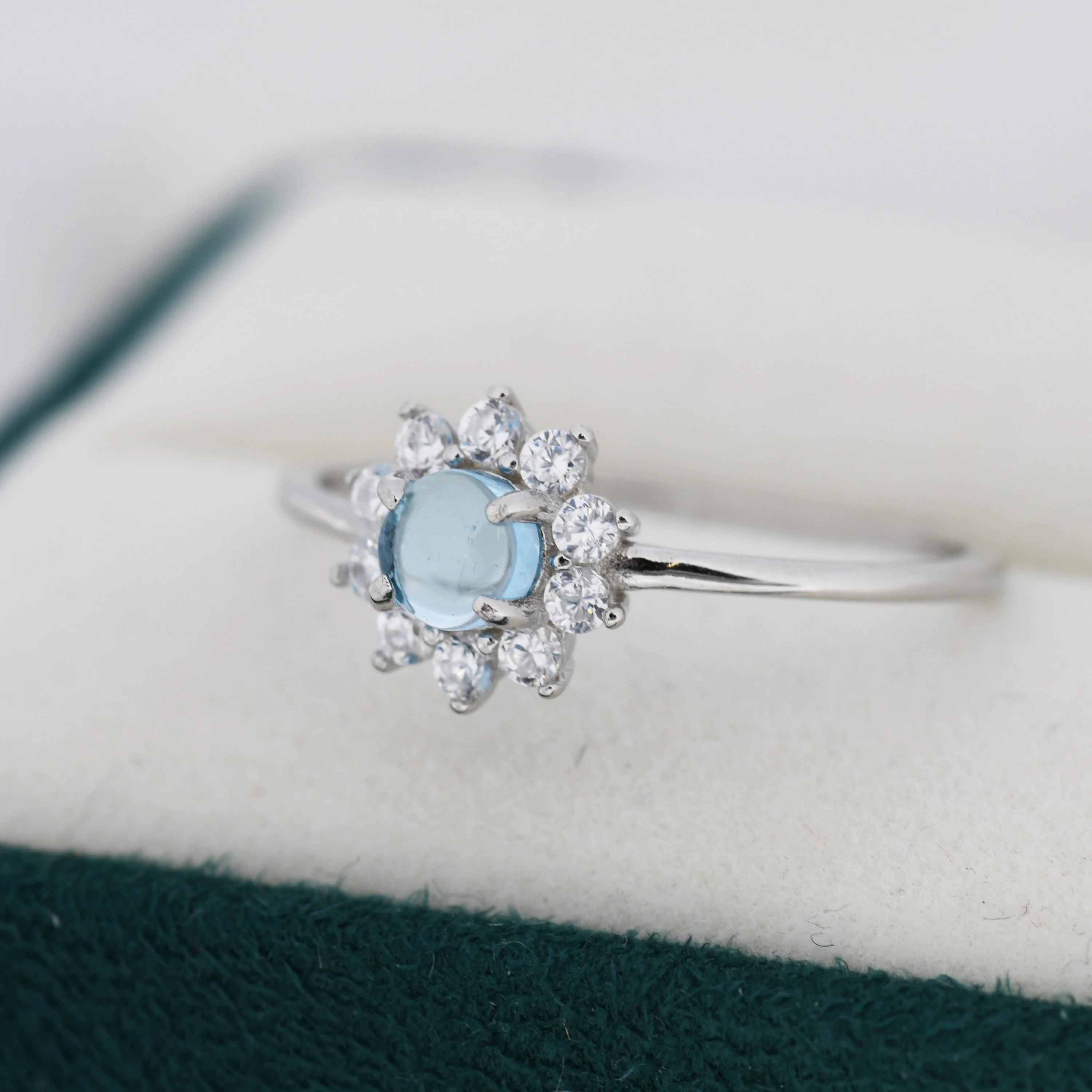 Genuine Blue Aquamarine Halo Ring in Sterling Silver, US 5 - 8, Natural Aquamarine Gemstone Ring, Crystal Flower Ring, March Birthstone - Image 4