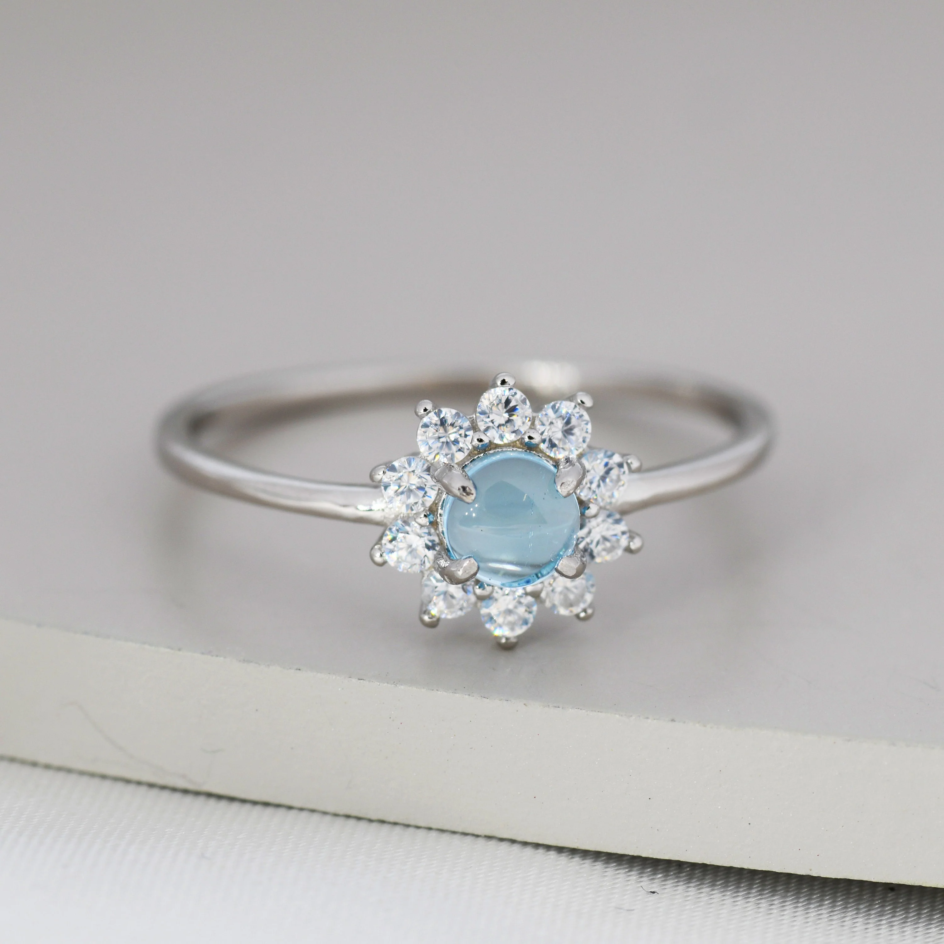 Genuine Blue Aquamarine Halo Ring in Sterling Silver, US 5 - 8, Natural Aquamarine Gemstone Ring, Crystal Flower Ring, March Birthstone - Image 5