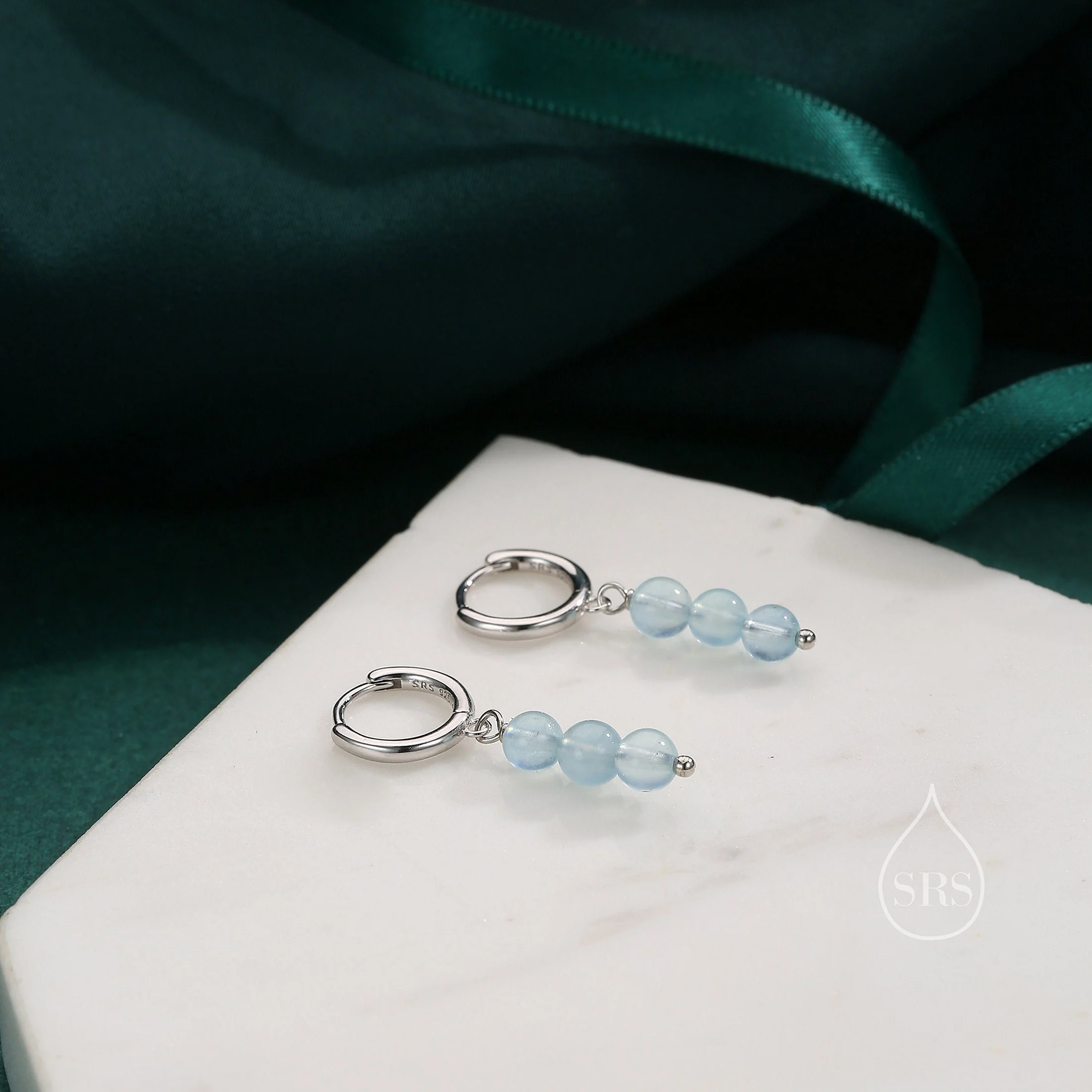 Genuine Blue Chalcedony Stone Trio Huggie Hoop Earrings in Sterling Silver, Blue Onyx Cluster Dangle Earrings, Three Stone Hoops - Image 3