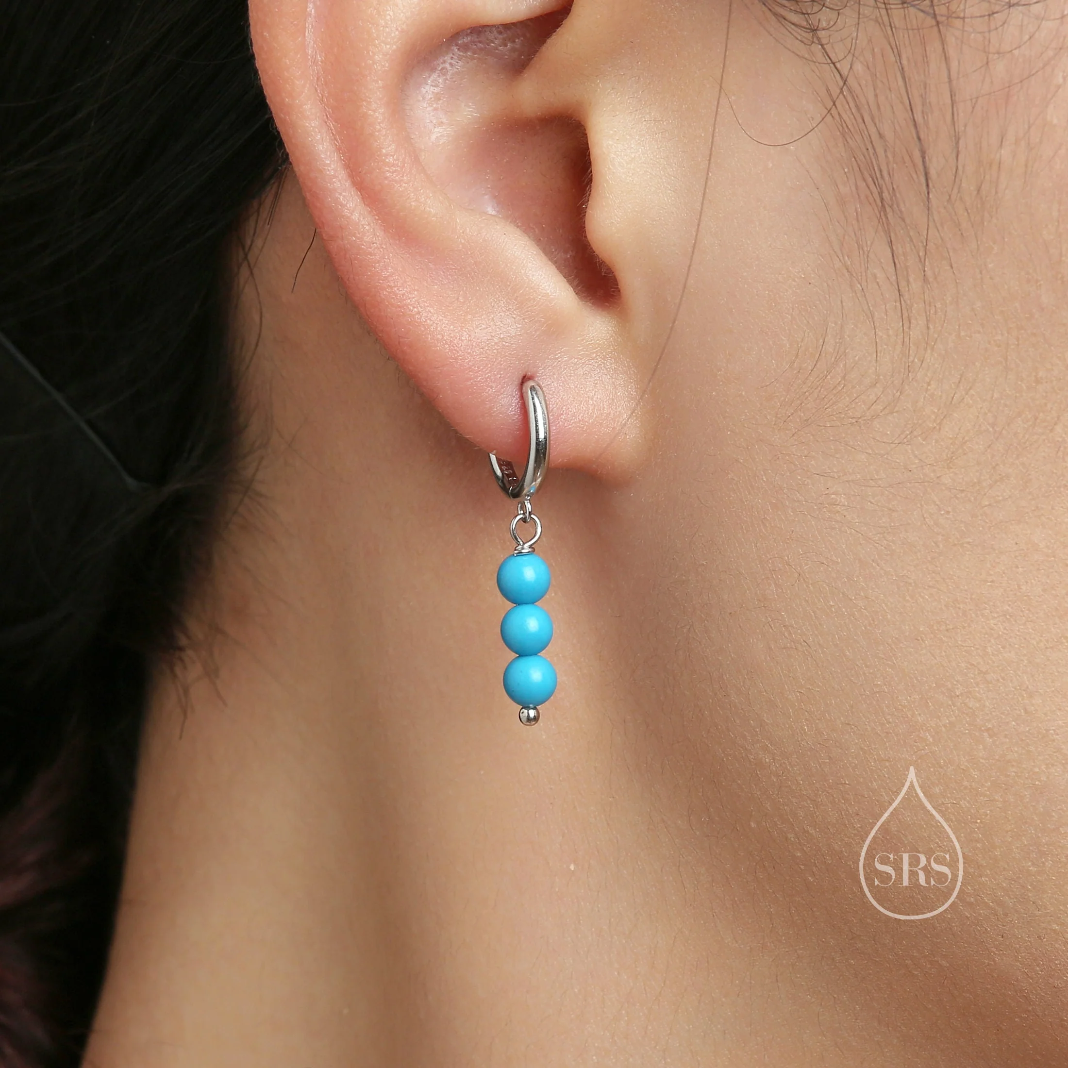 Genuine Blue Chalcedony Stone Trio Huggie Hoop Earrings in Sterling Silver, Blue Onyx Cluster Dangle Earrings, Three Stone Hoops - Image 7