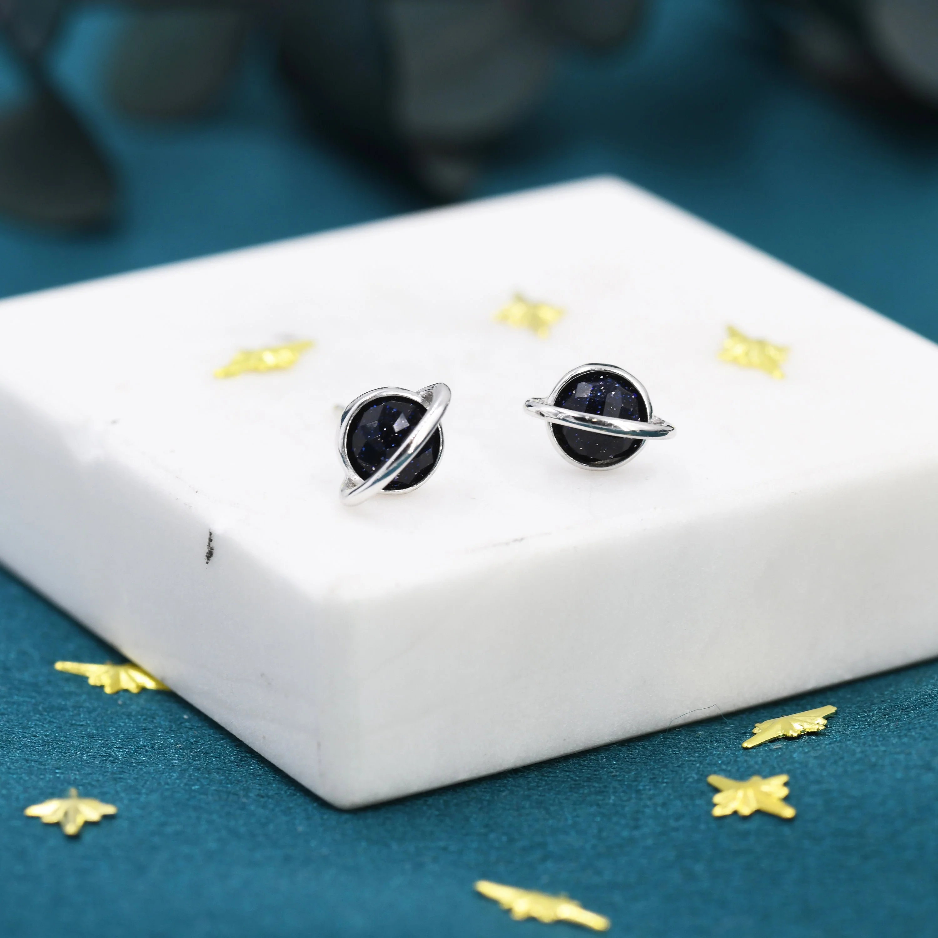 Genuine Blue Sandstone Planet Stud Earrings in Sterling Silver, Blue Goldstone Planet Earrings, Blue Saturn Earrings - Image 5