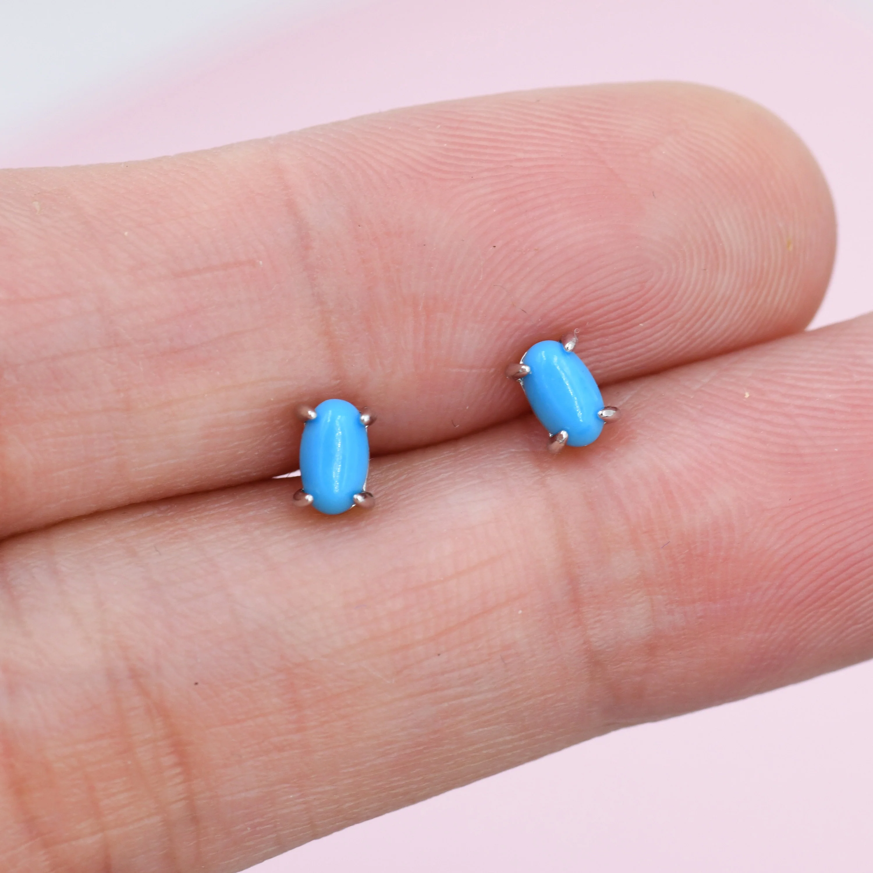 Genuine Blue Turquoise Oval Stud Earrings in Sterling Silver, 3x5 mm Turquoise Stud Earrings, Tiny Turquoise Earrings, December Birthstone - Image 2