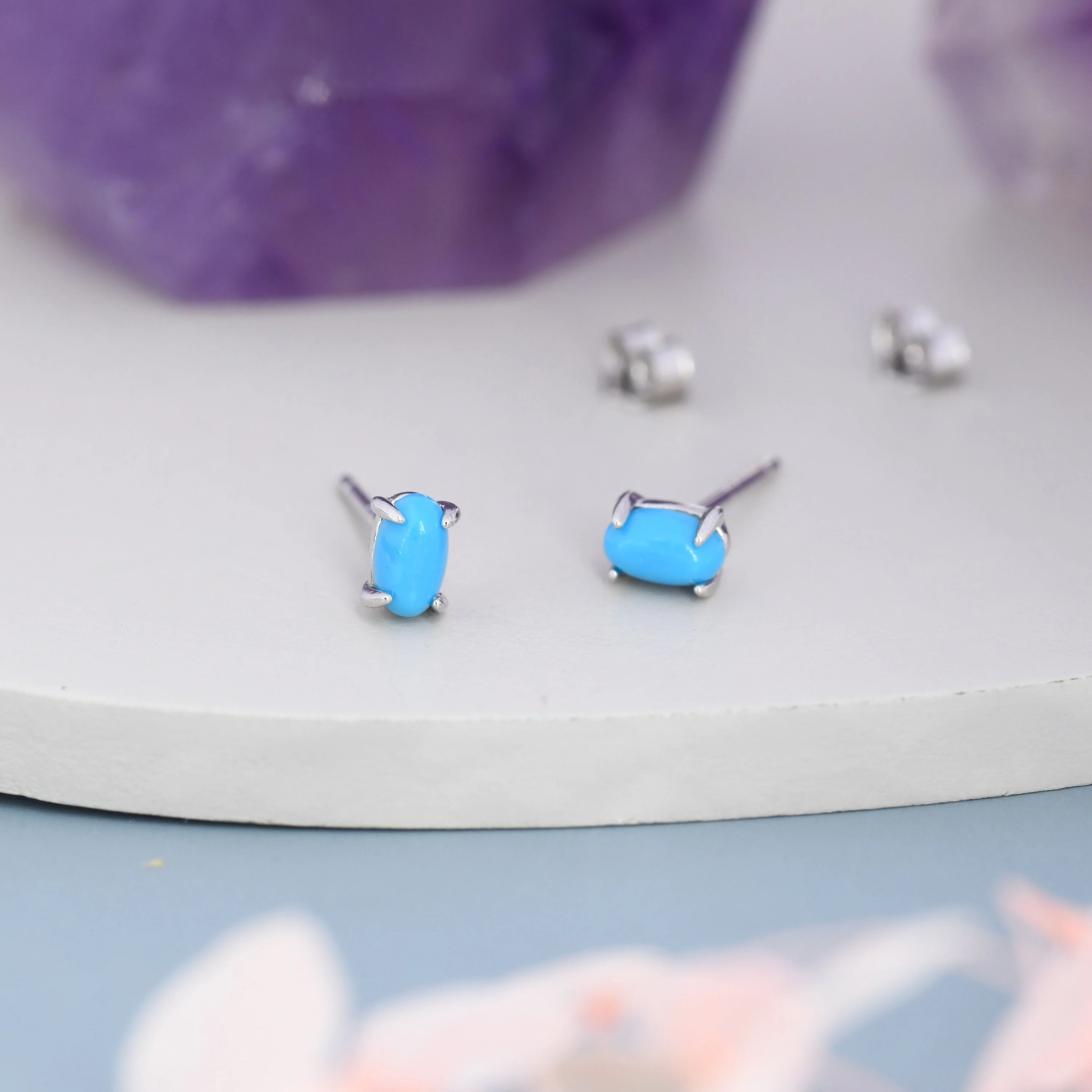Genuine Blue Turquoise Oval Stud Earrings in Sterling Silver, 3x5 mm Turquoise Stud Earrings, Tiny Turquoise Earrings, December Birthstone - Image 3