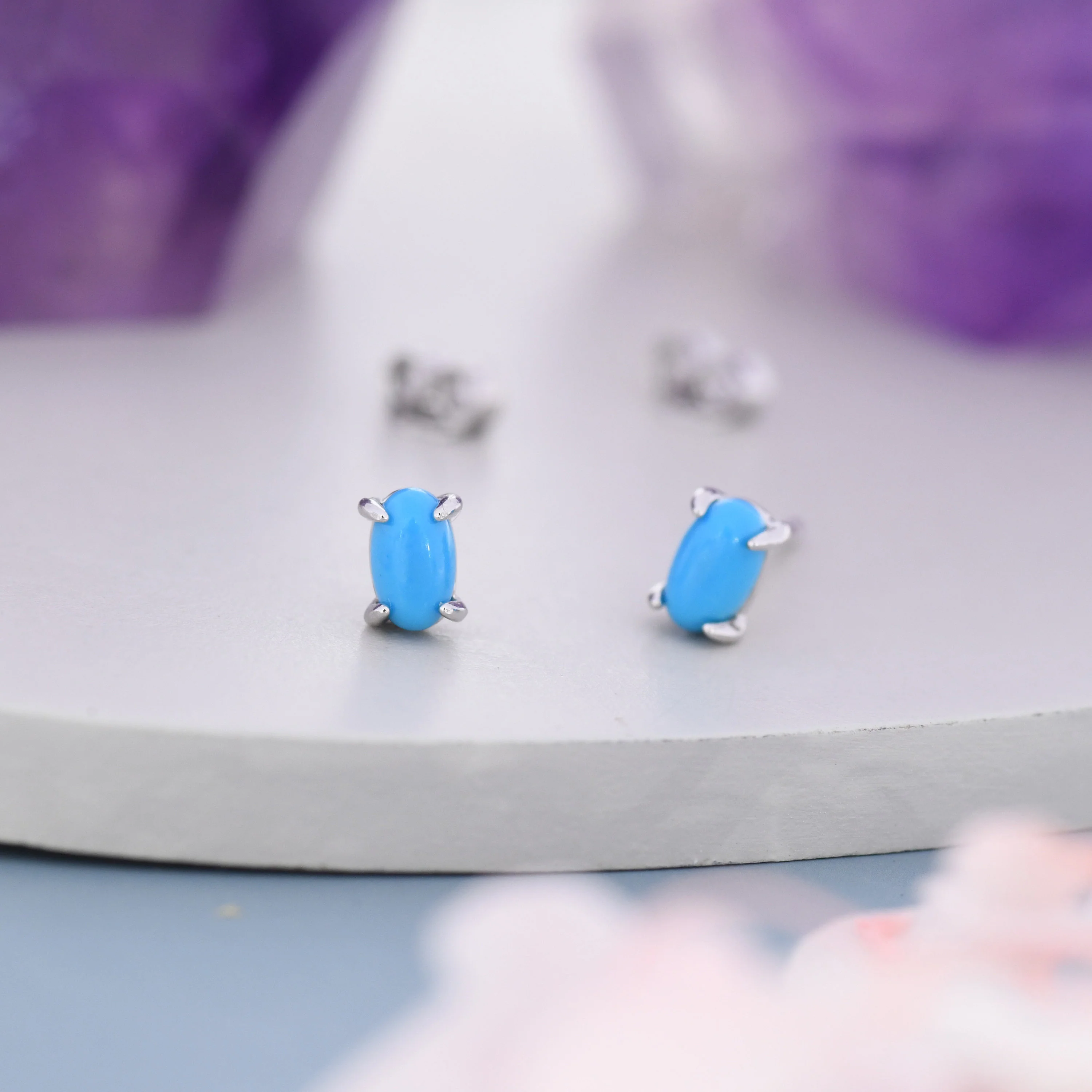 Genuine Blue Turquoise Oval Stud Earrings in Sterling Silver, 3x5 mm Turquoise Stud Earrings, Tiny Turquoise Earrings, December Birthstone - Image 4