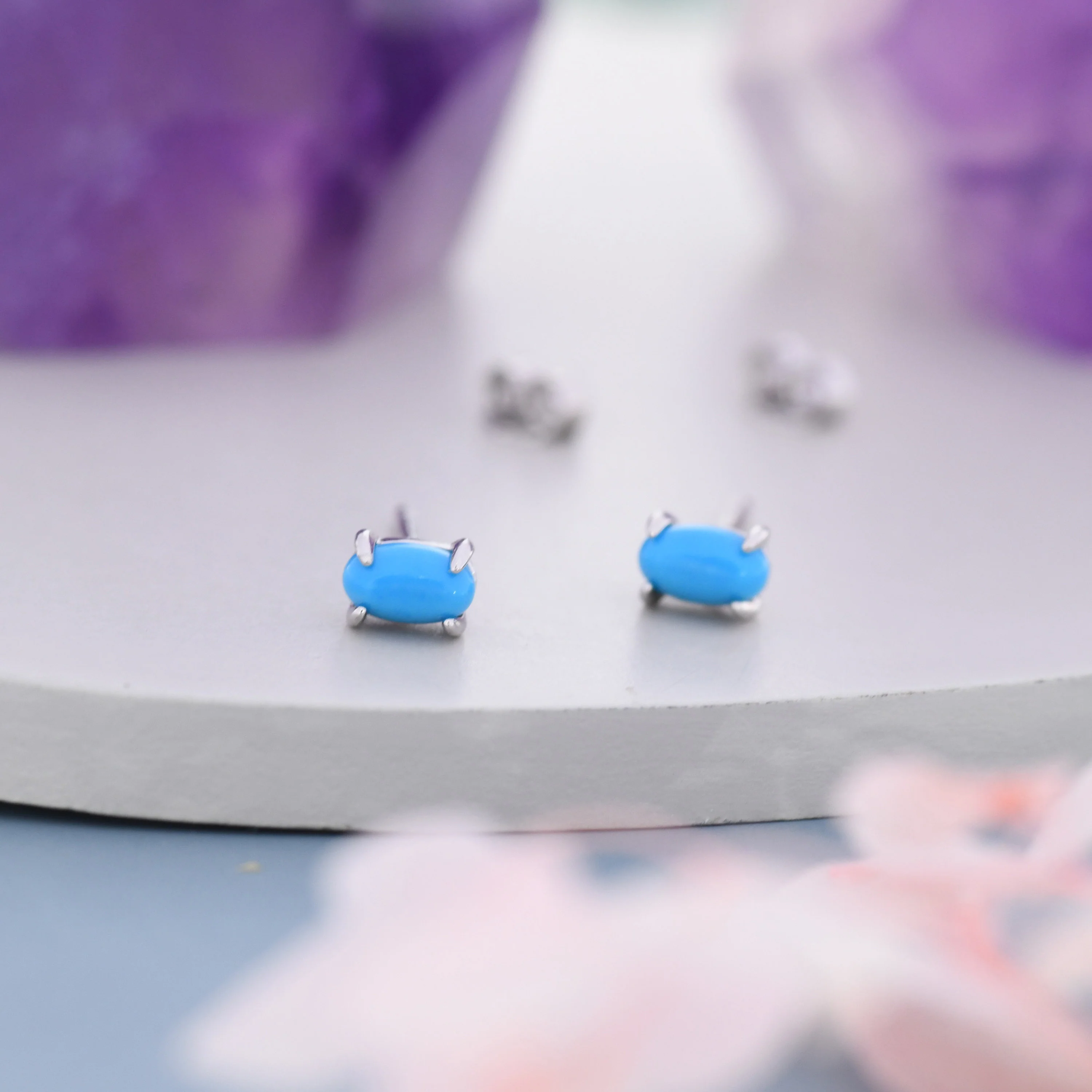Genuine Blue Turquoise Oval Stud Earrings in Sterling Silver, 3x5 mm Turquoise Stud Earrings, Tiny Turquoise Earrings, December Birthstone - Image 5
