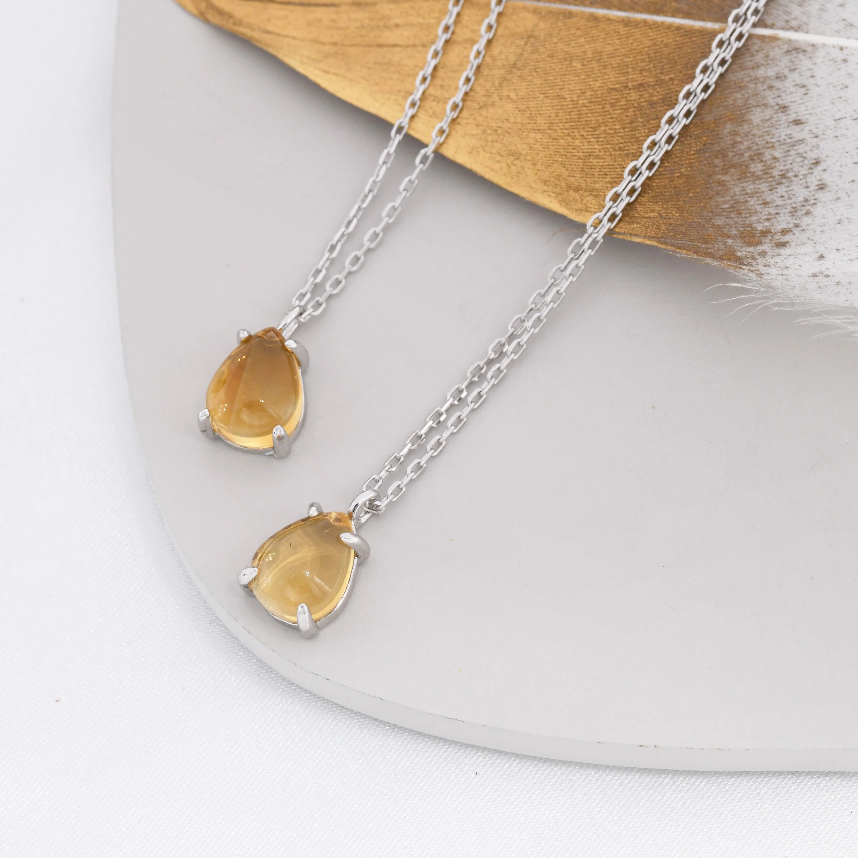 Genuine Citrine Crystal Pear Necklace in Sterling Silver, Droplet Cabochon Natural Citrine Stone Necklace, November Birthstone - Image 3