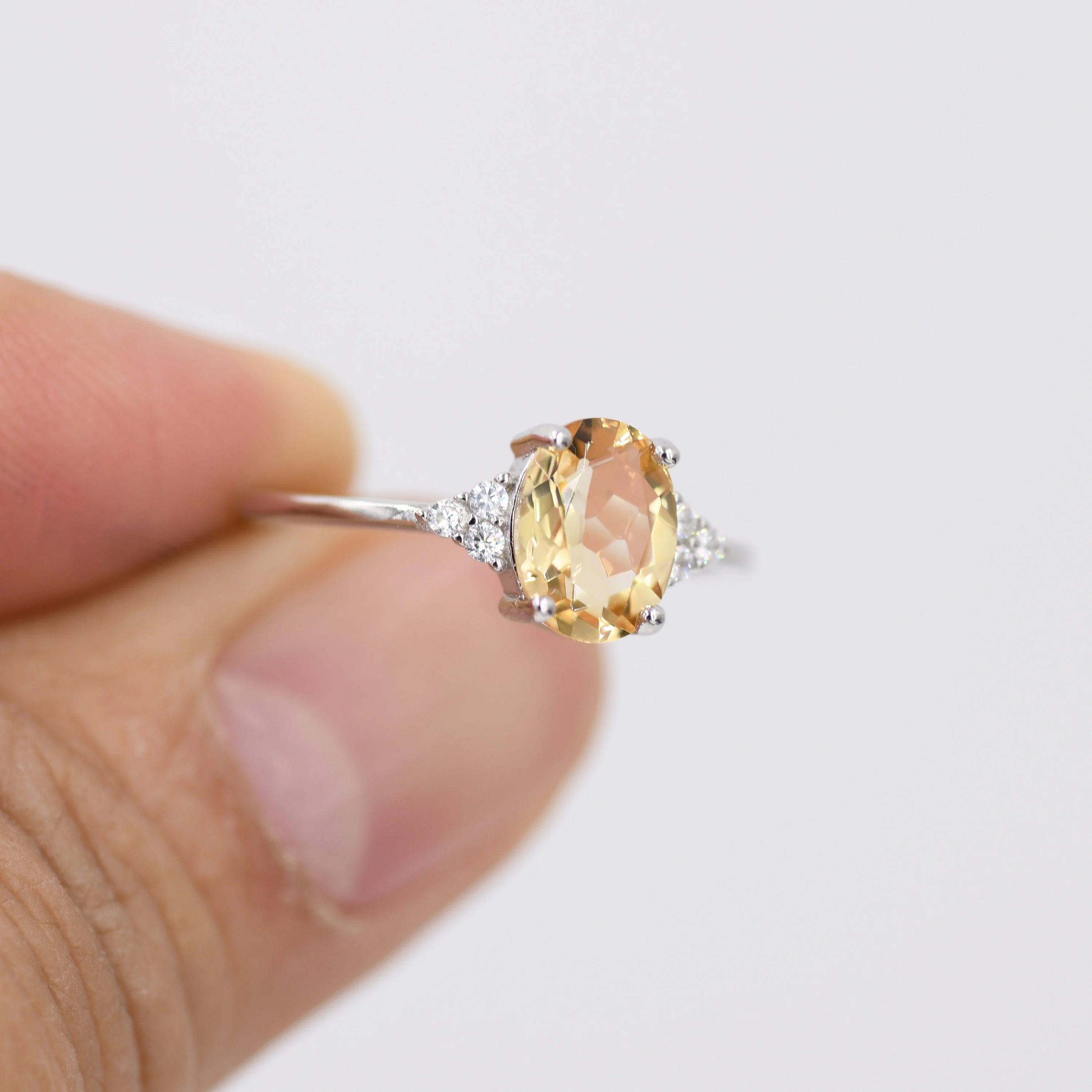 Genuine Citrine Oval Ring in Sterling Silver, Natural Yellow Citrine Ring, Three CZ, Vintage Inspired Design, US 5 - 8, November Birthstone - Image 8