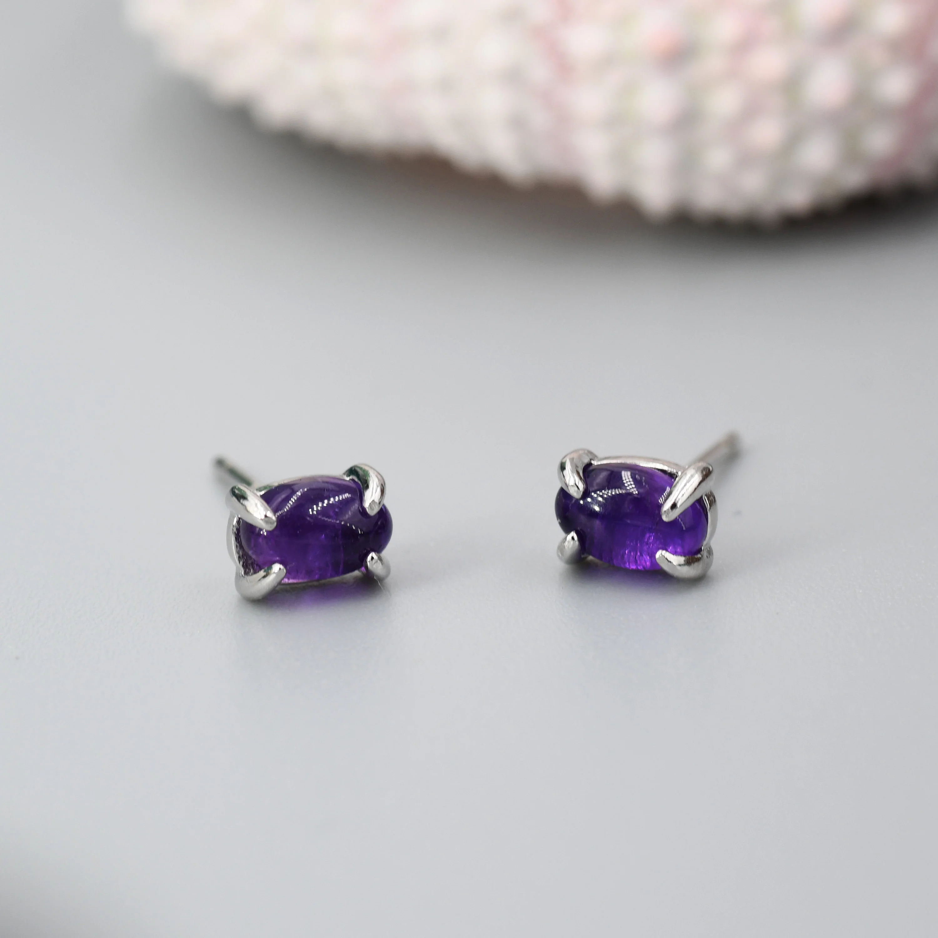 Genuine Dark Amethyst Oval Stud Earrings in Sterling Silver, 3x5 mm Amethyst Stud Earrings, Tiny Amethyst Earrings, February Birthstone - Image 5