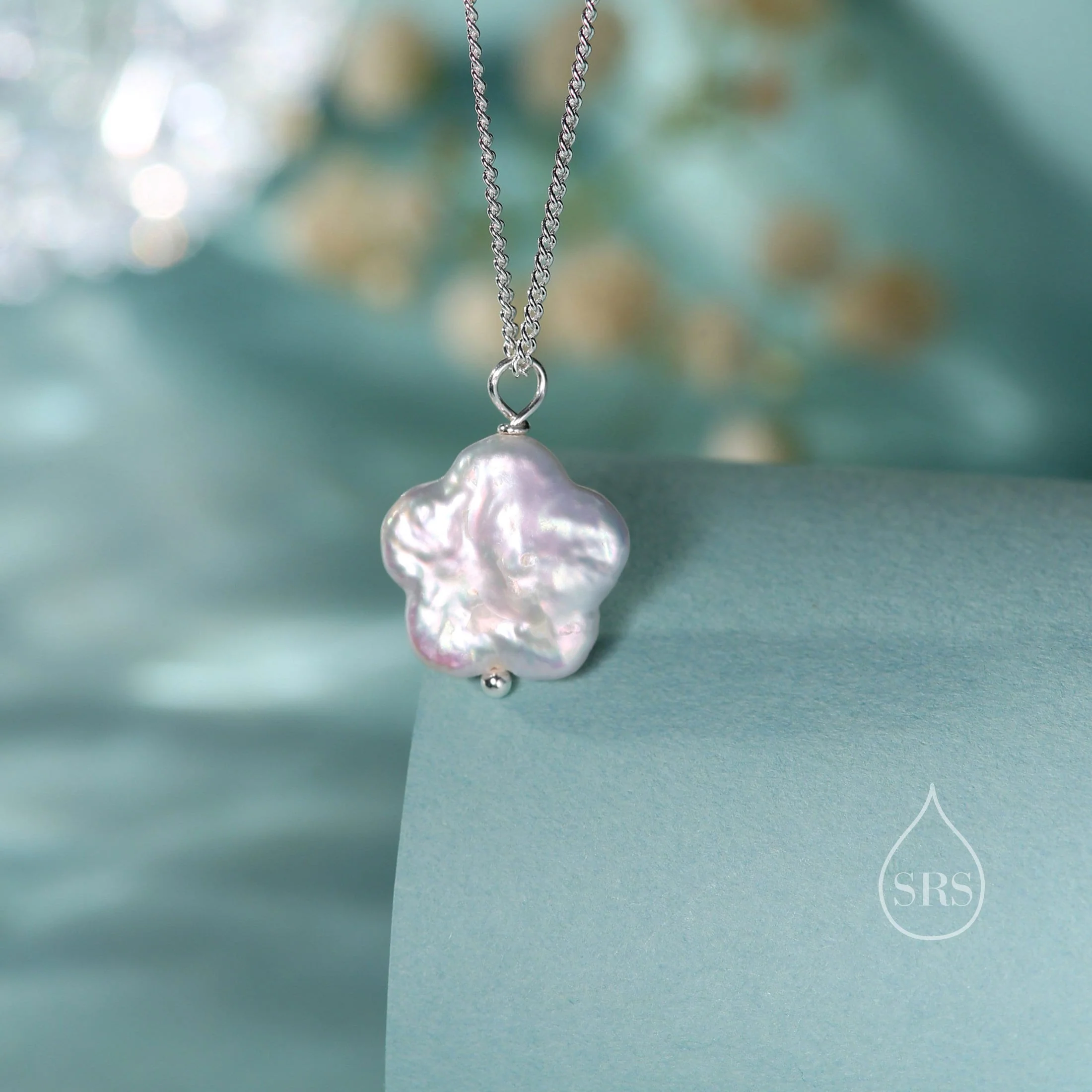Genuine Flower Shape Baroque Pearl Pendant Necklace in Sterling Silver with Curb Chain, Keshi Pearl Flower Shape Necklace, Silver or Gold - Image 4