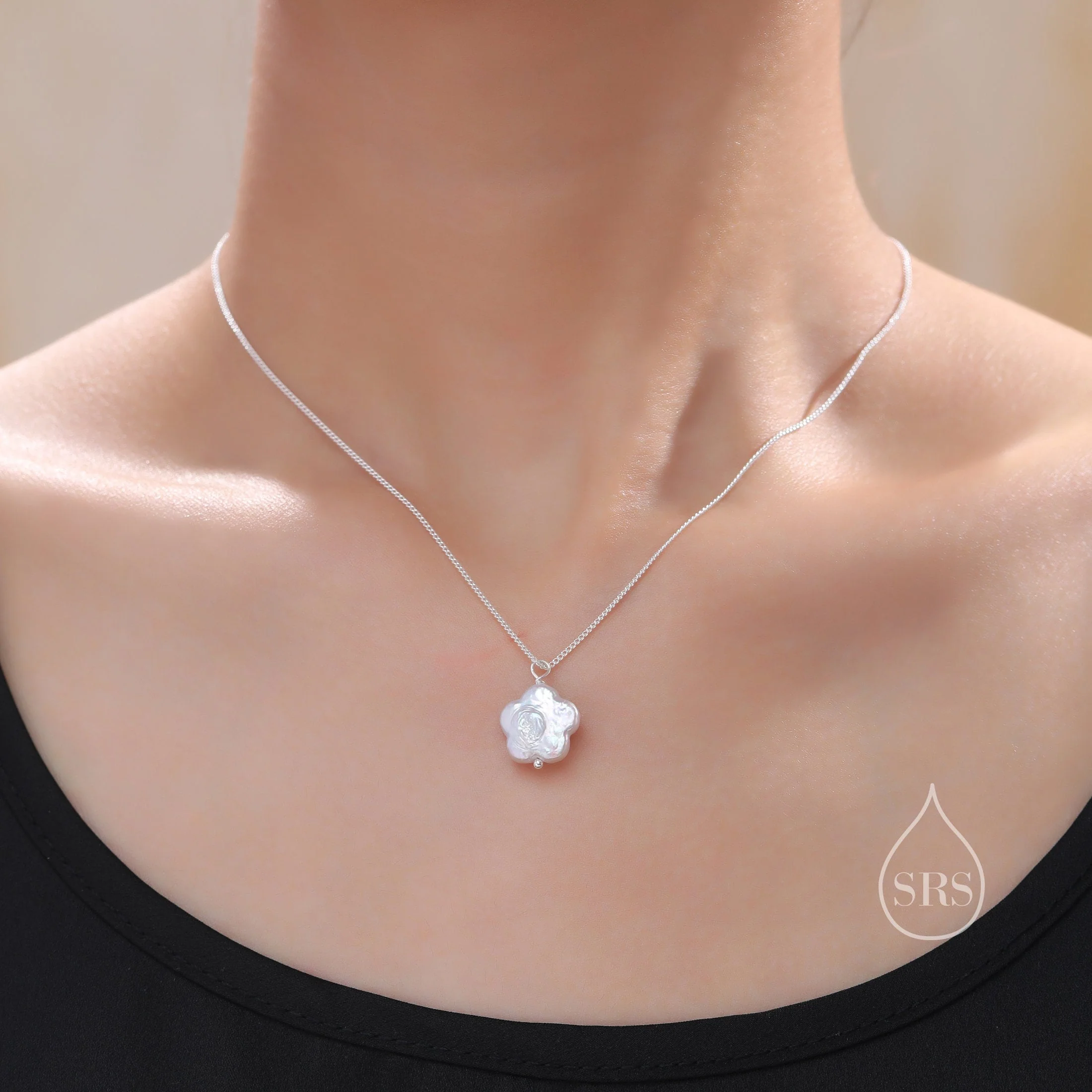 Genuine Flower Shape Baroque Pearl Pendant Necklace in Sterling Silver with Curb Chain, Keshi Pearl Flower Shape Necklace, Silver or Gold - Image 6