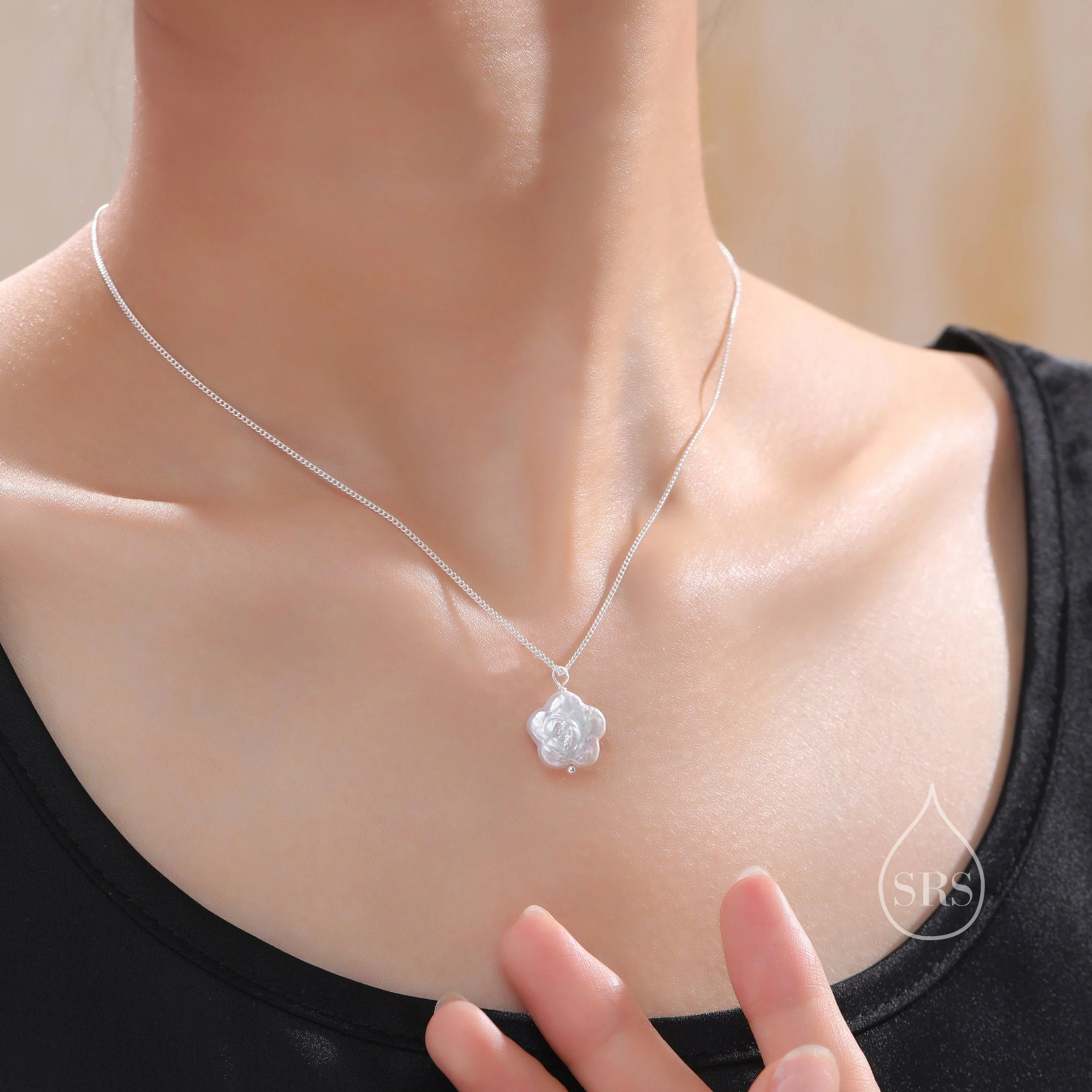 Genuine Flower Shape Baroque Pearl Pendant Necklace in Sterling Silver with Curb Chain, Keshi Pearl Flower Shape Necklace, Silver or Gold - Image 7