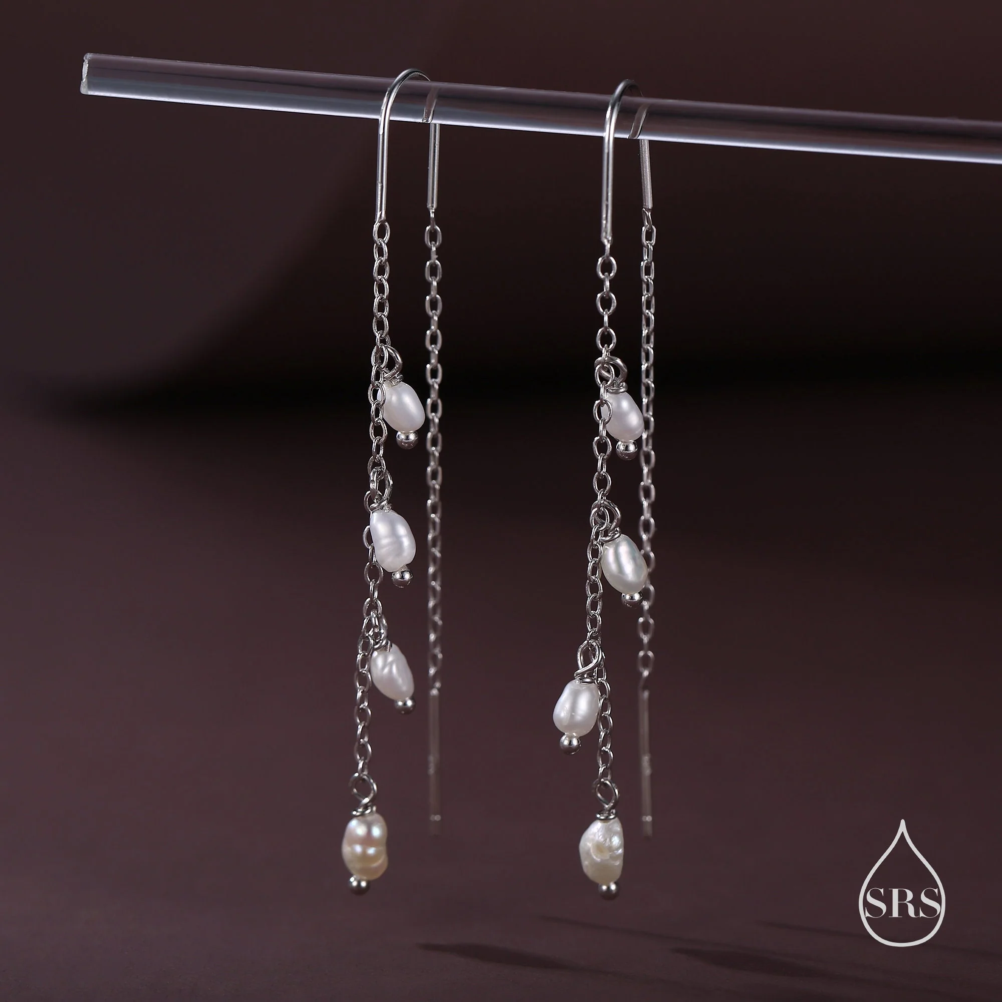 Genuine Fresh Water Pearl Cascade U Shape Threader Earrings in Sterling Silver, Silver or Gold Finish Ear Threaders, Long Threaders,