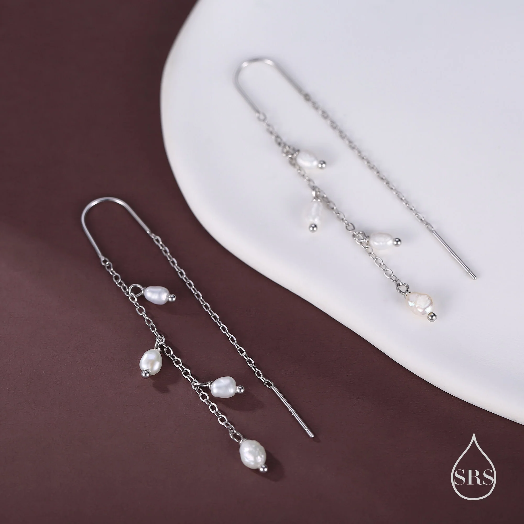 Genuine Fresh Water Pearl Cascade U Shape Threader Earrings in Sterling Silver, Silver or Gold Finish Ear Threaders, Long Threaders, - Image 2