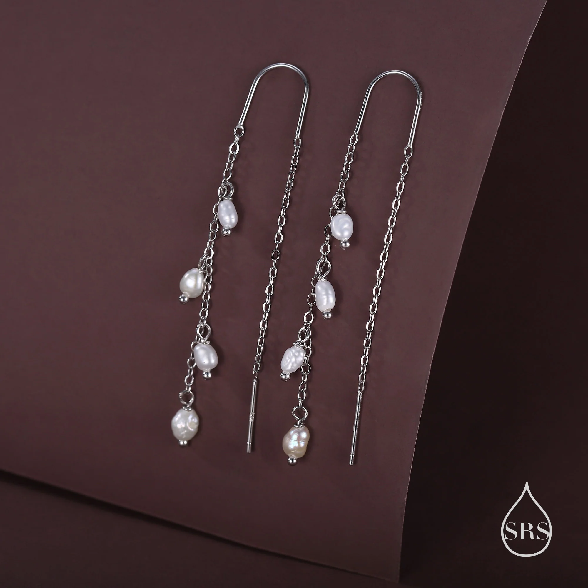 Genuine Fresh Water Pearl Cascade U Shape Threader Earrings in Sterling Silver, Silver or Gold Finish Ear Threaders, Long Threaders, - Image 3