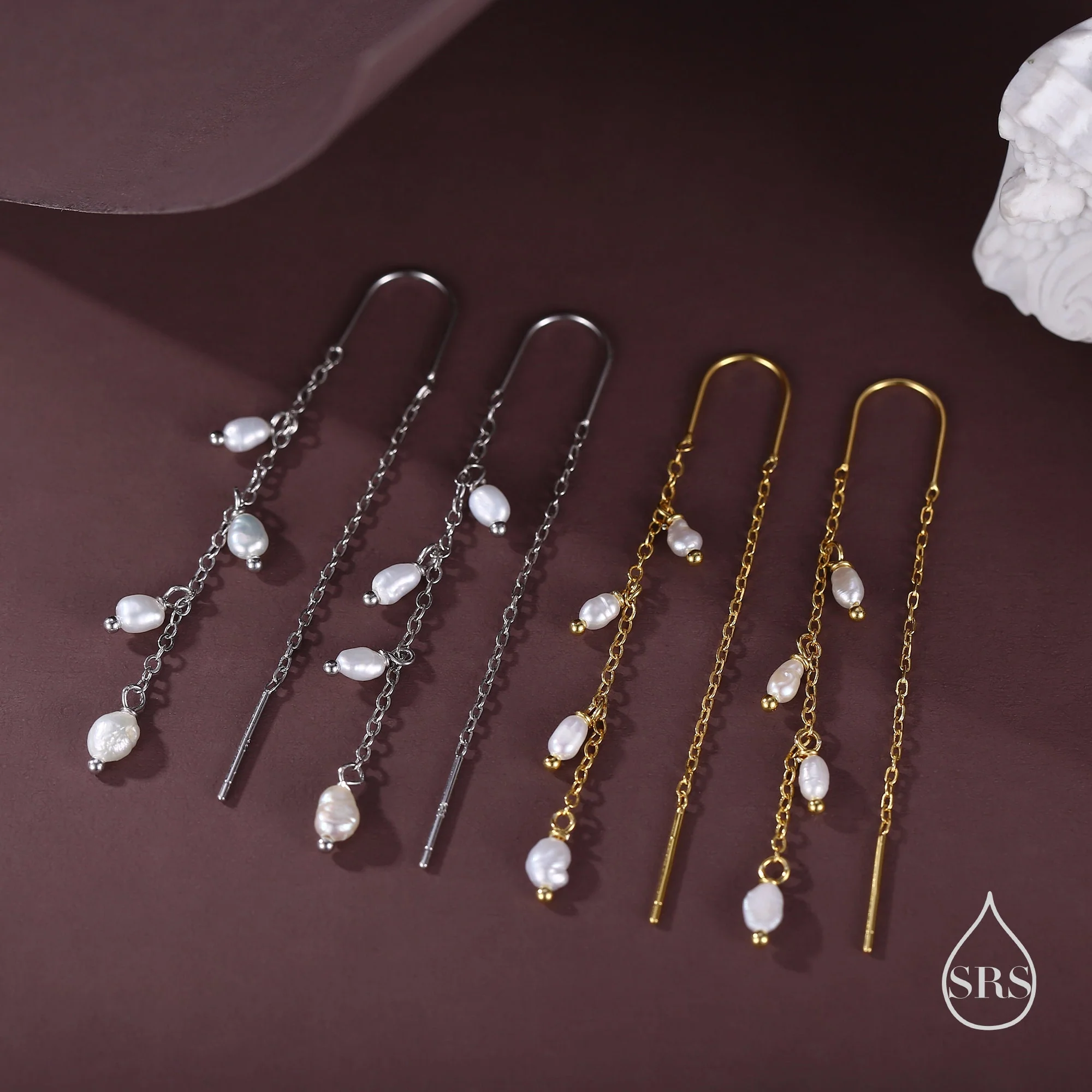 Genuine Fresh Water Pearl Cascade U Shape Threader Earrings in Sterling Silver, Silver or Gold Finish Ear Threaders, Long Threaders, - Image 4