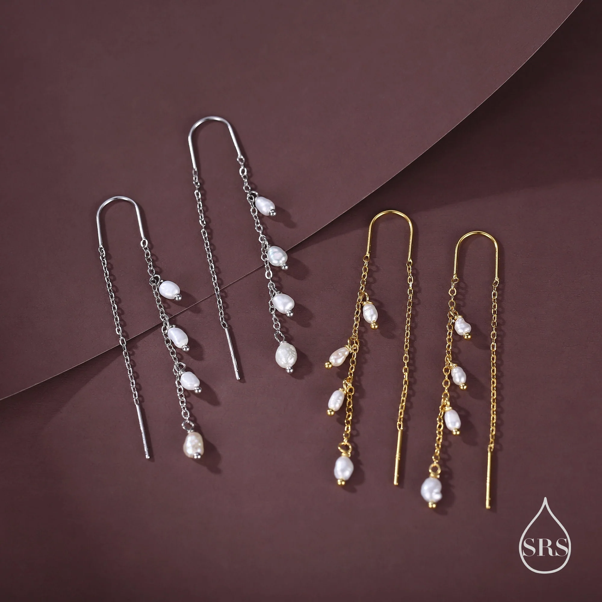 Genuine Fresh Water Pearl Cascade U Shape Threader Earrings in Sterling Silver, Silver or Gold Finish Ear Threaders, Long Threaders, - Image 5