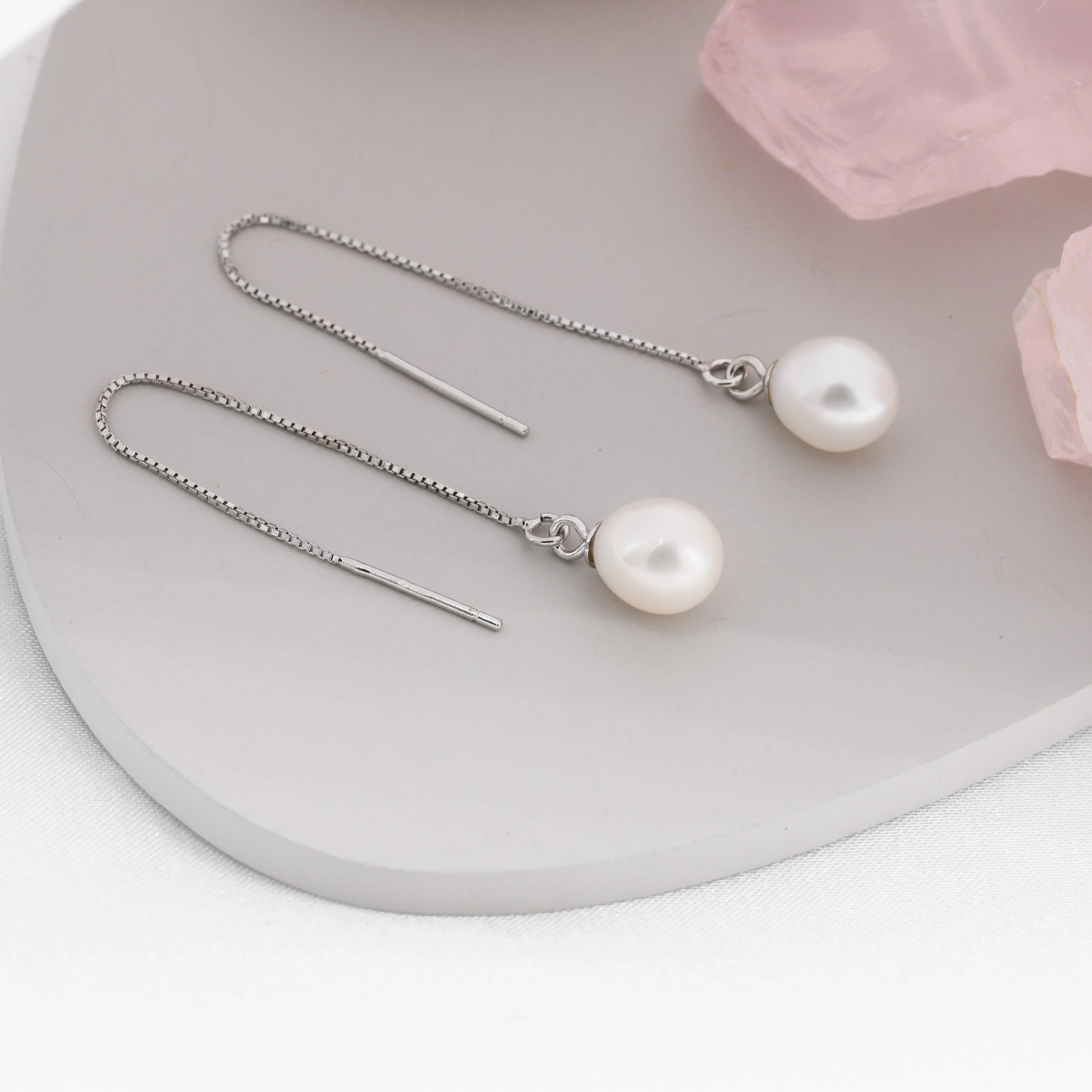 Genuine Fresh Water Pearl Threader Earrings in Sterling Silver, Natural Drop Pearl Ear Threaders - Image 2