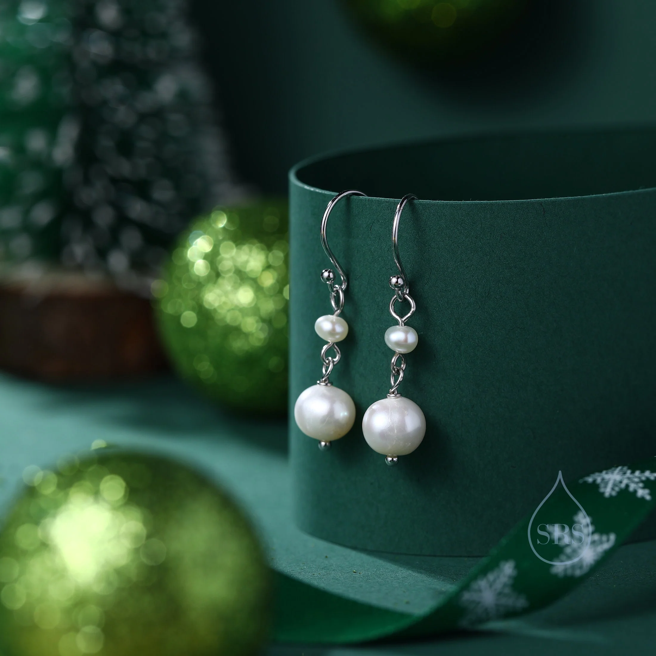 Genuine Freshwater Double Pearl Drop Hook Earrings in Sterling Silver, Delicate Keshi Pearl Earrings, Double Pearl Dangle Earrings - Image 2
