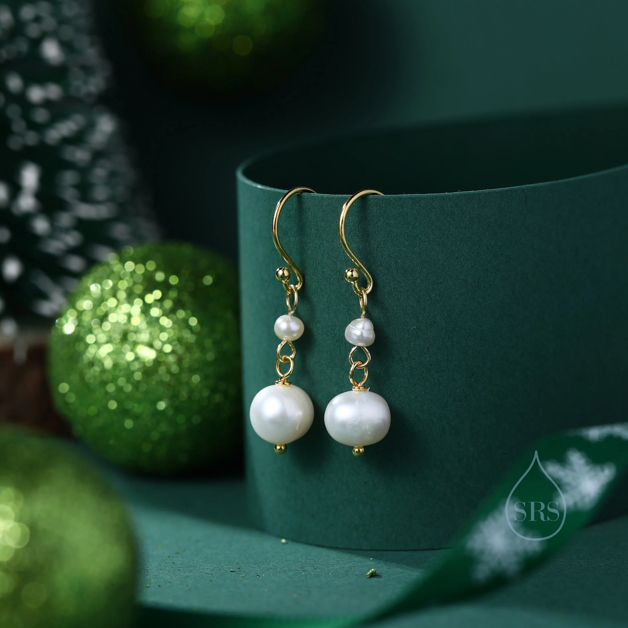 Genuine Freshwater Double Pearl Drop Hook Earrings in Sterling Silver, Delicate Keshi Pearl Earrings, Double Pearl Dangle Earrings - Image 3