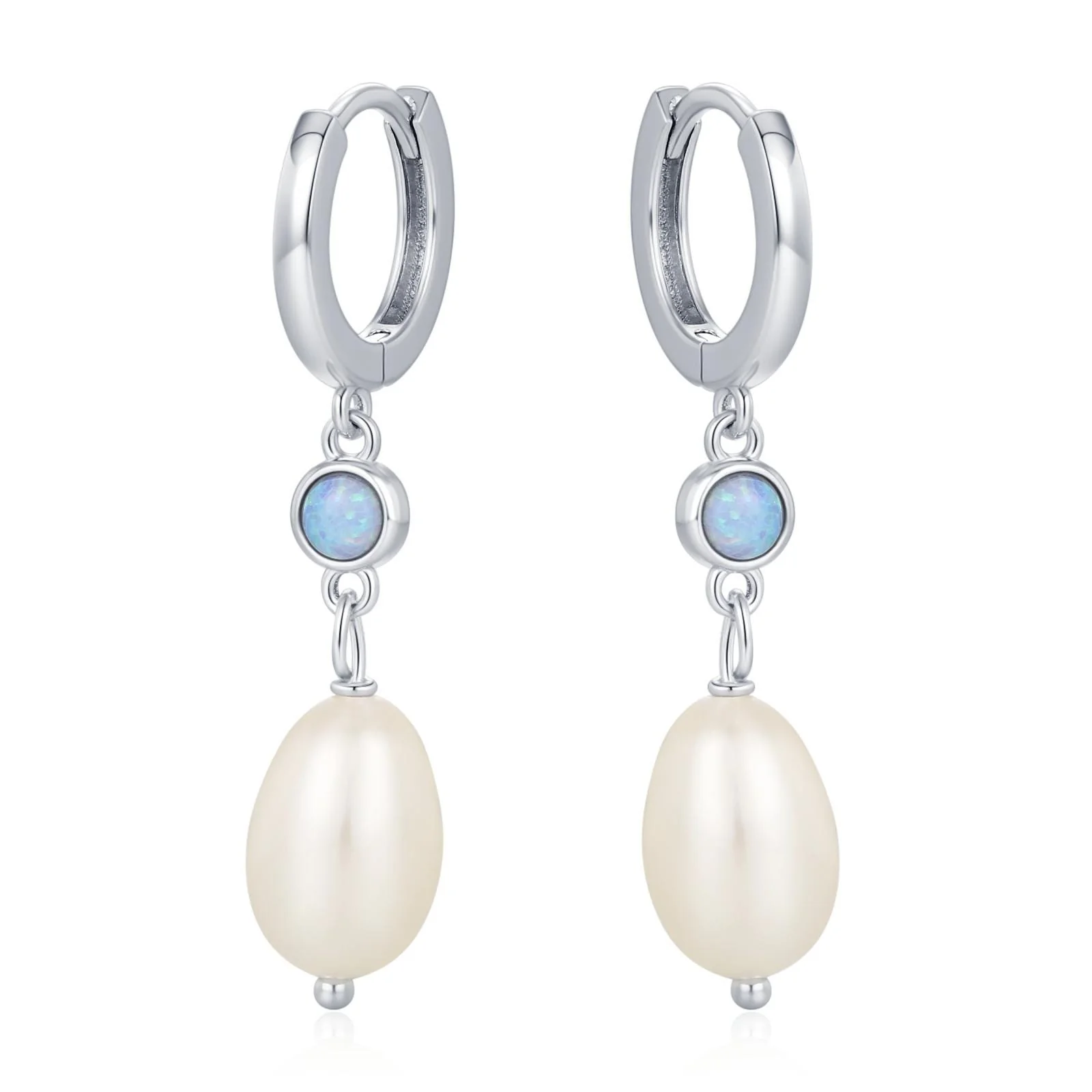 Genuine Freshwater Pearl and Blue Opal Huggie Hoop Earrings in Sterling Silver, Delicate Keshi Pearl and Opal Earrings, Genuine Pearls - Image 10